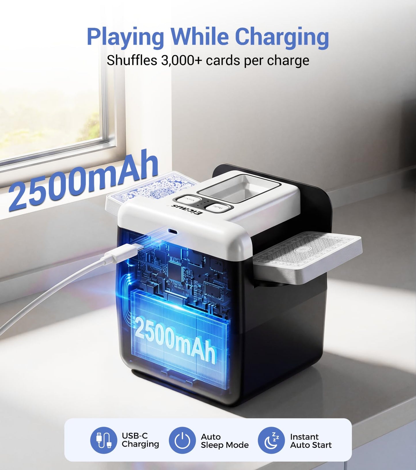 Eicaus 4-Deck Automatic Card Shuffler — USB-C Rechargeable, Fast Shuffles for UNO, Poker & Blackjack