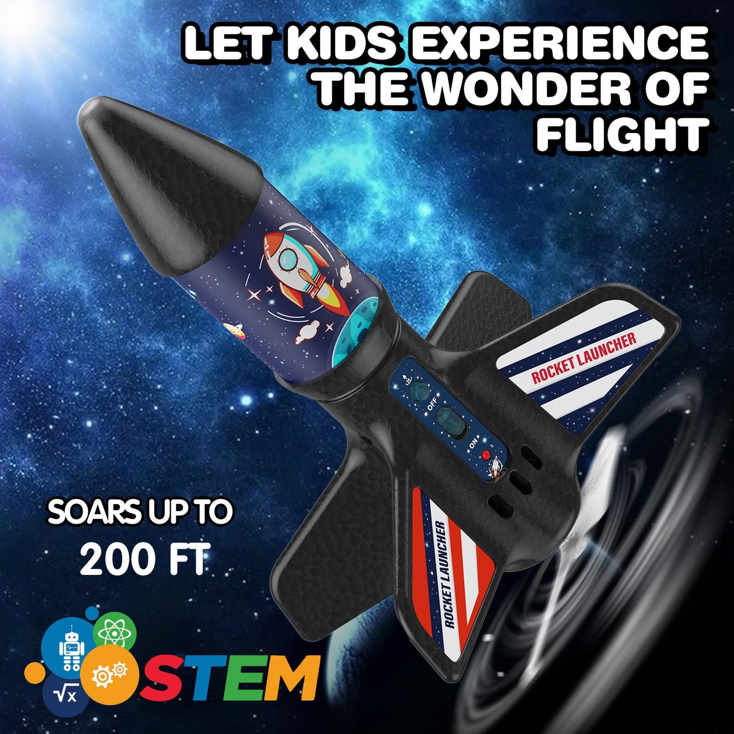 Eieymct Rocket Launcher for Kids – Self-Launching 200 ft Outdoor Electric Toy with LED Night Launch
