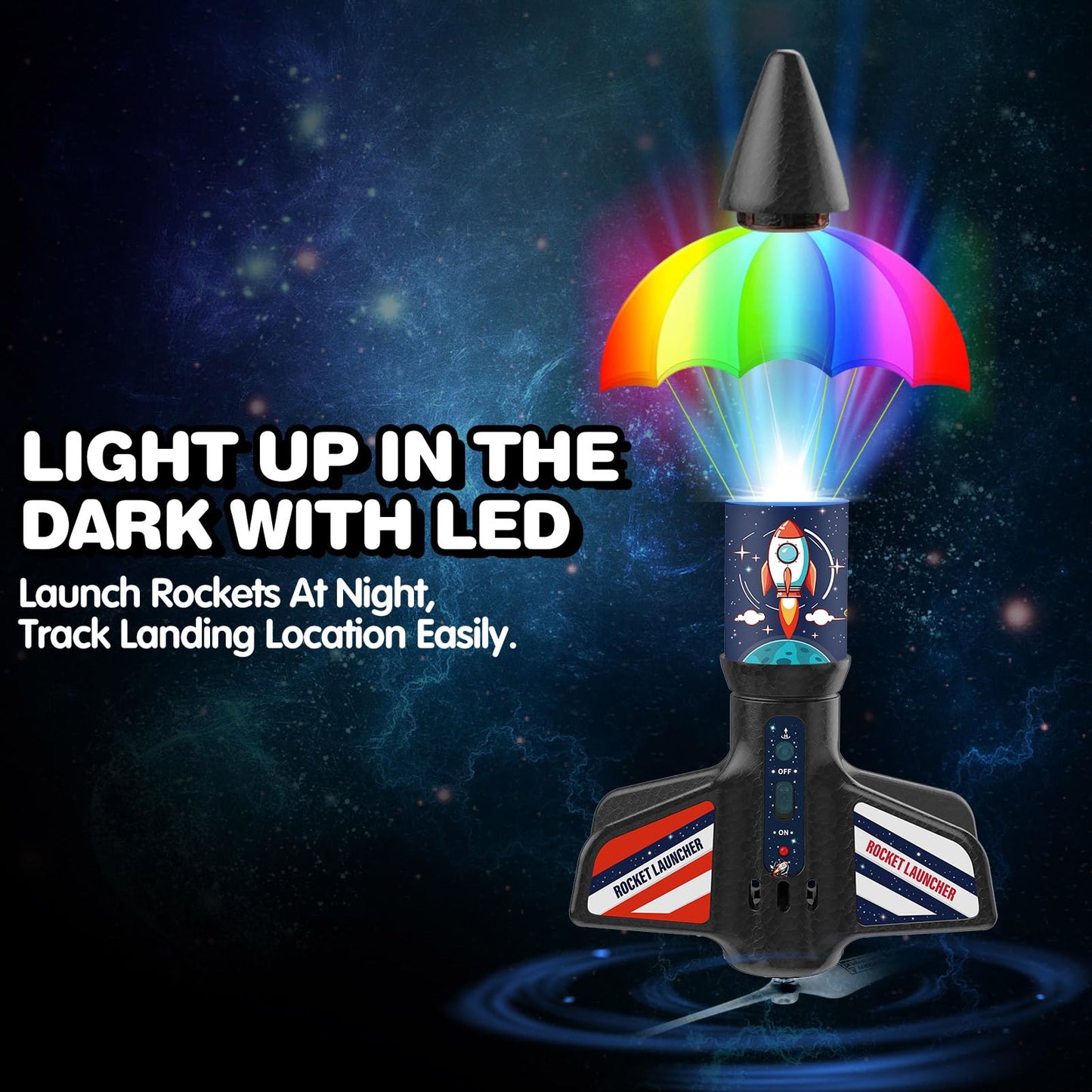 Eieymct Rocket Launcher for Kids – Self-Launching 200 ft Outdoor Electric Toy with LED Night Launch