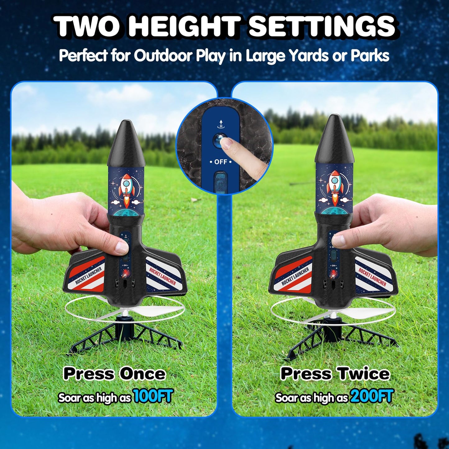 Eieymct Rocket Launcher for Kids – Self-Launching 200 ft Outdoor Electric Toy with LED Night Launch