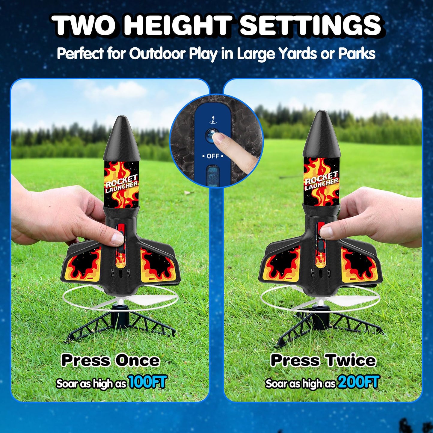 Eieymct Rocket Launcher for Kids – Self-Launching 200 ft Outdoor Toy (Flame Pattern)