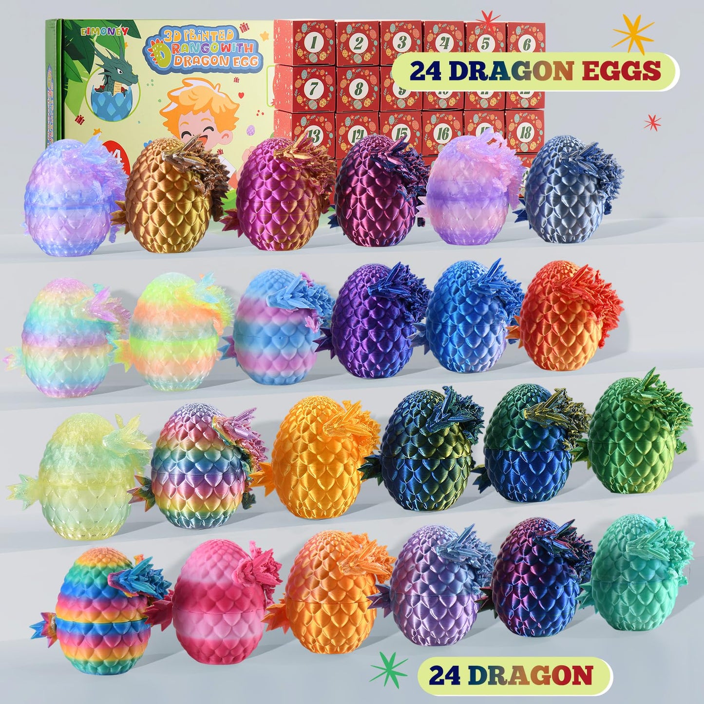 EIMONEY Easter Advent Calendar – 24× 3D Printed Dragon Eggs with Movable Dragons (Multicolor)