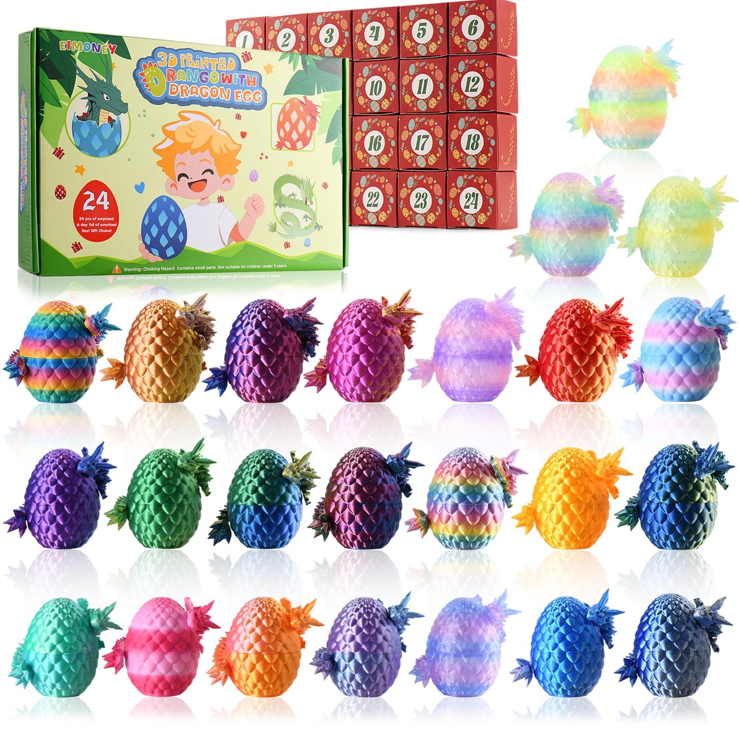 EIMONEY Easter Advent Calendar – 24× 3D Printed Dragon Eggs with Movable Dragons (Multicolor)
