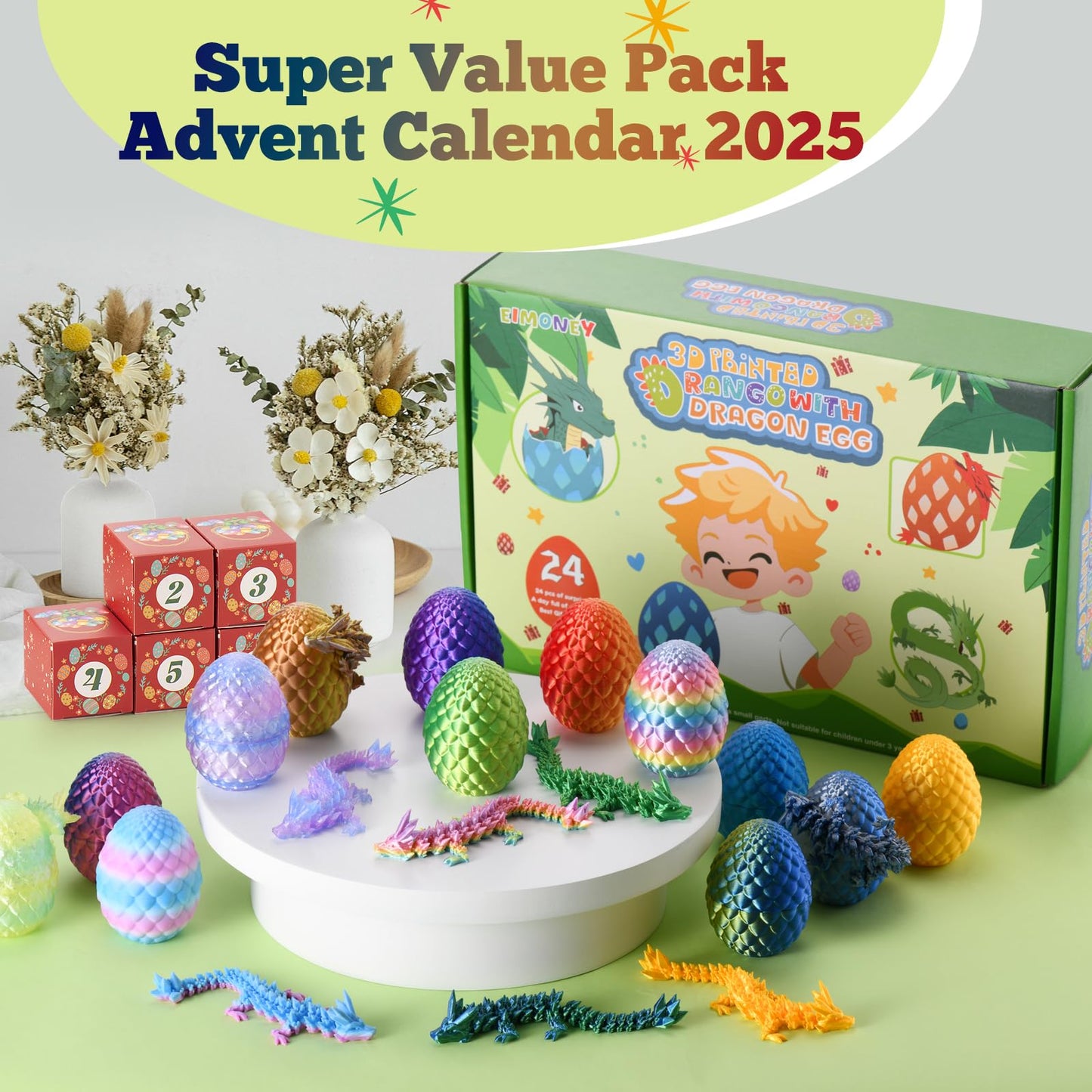 EIMONEY Easter Advent Calendar – 24× 3D Printed Dragon Eggs with Movable Dragons (Multicolor)