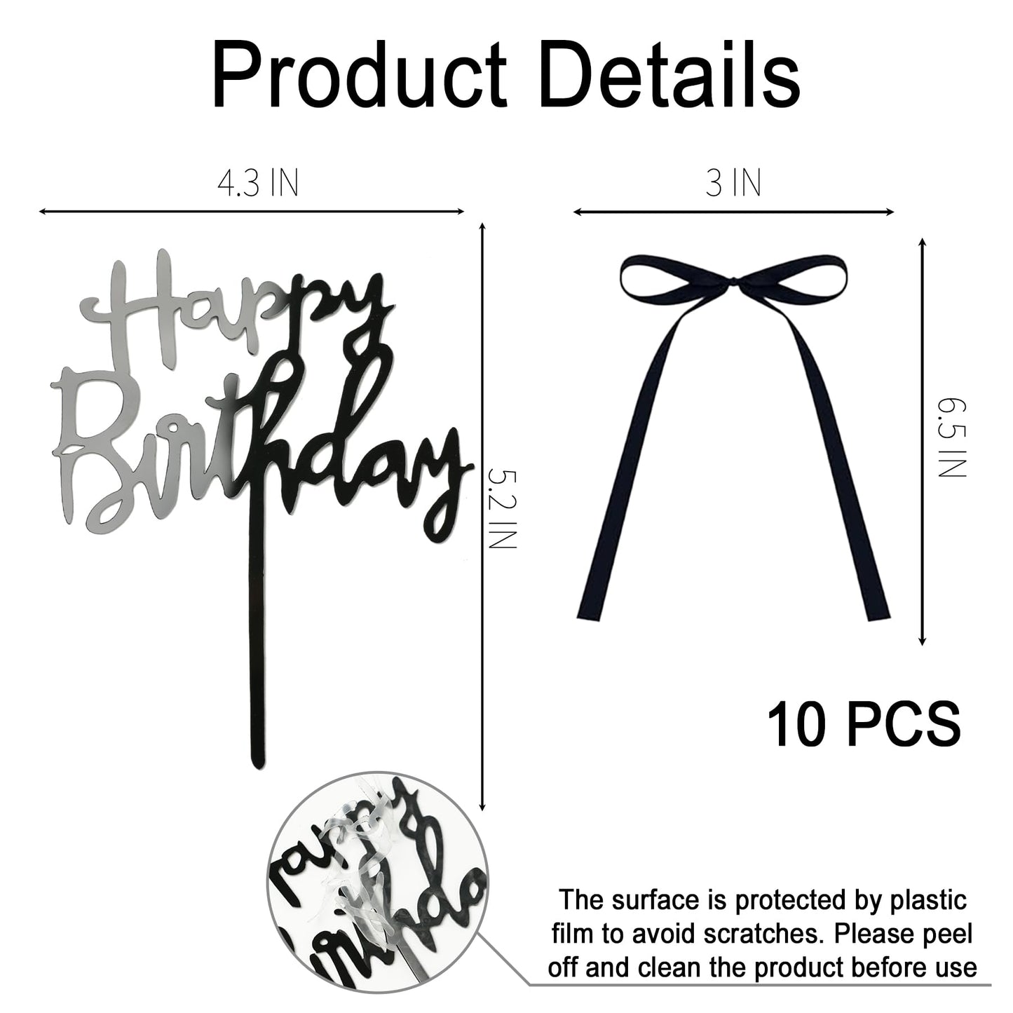 EIOAUY Black Bow Cake Toppers – 11 Pcs Coquette Ribbons with Happy Birthday Sign