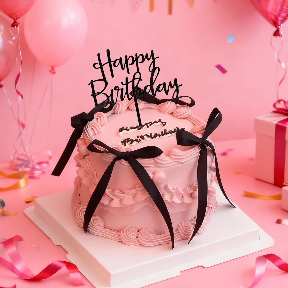 EIOAUY Black Bow Cake Toppers – 11 Pcs Coquette Ribbons with Happy Birthday Sign