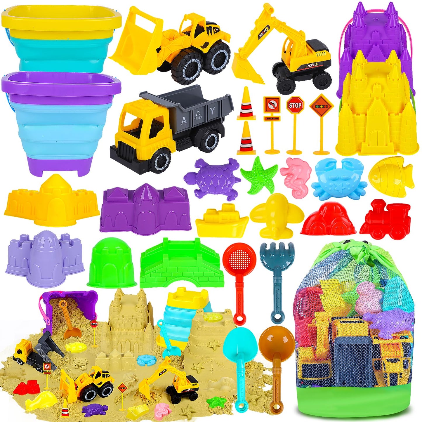 Eiranss Beach Sand Toys 31pcs Set – 3 Trucks, Buckets & Molds for Kids Aged 3-10