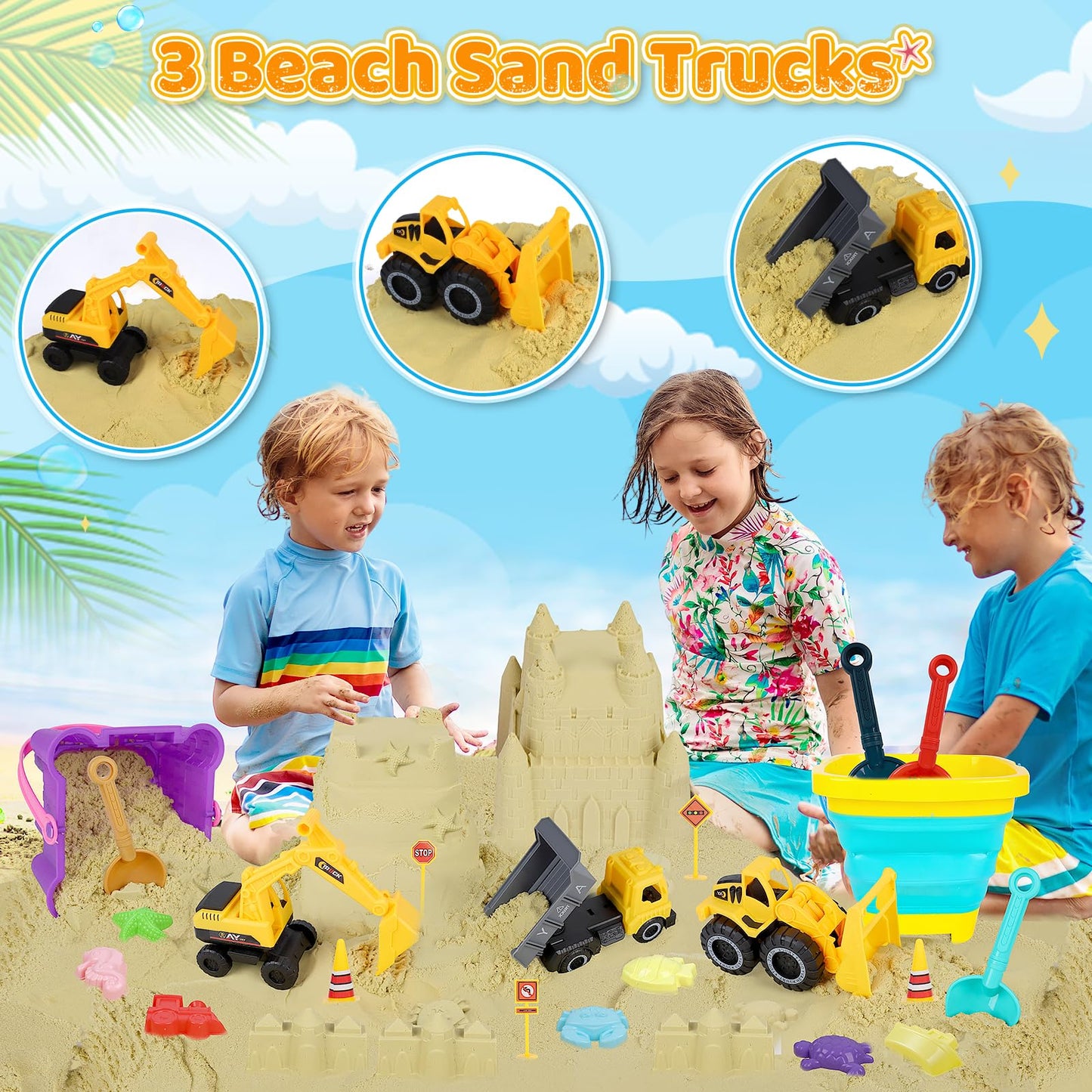 Eiranss Beach Sand Toys 31pcs Set – 3 Trucks, Buckets & Molds for Kids Aged 3-10