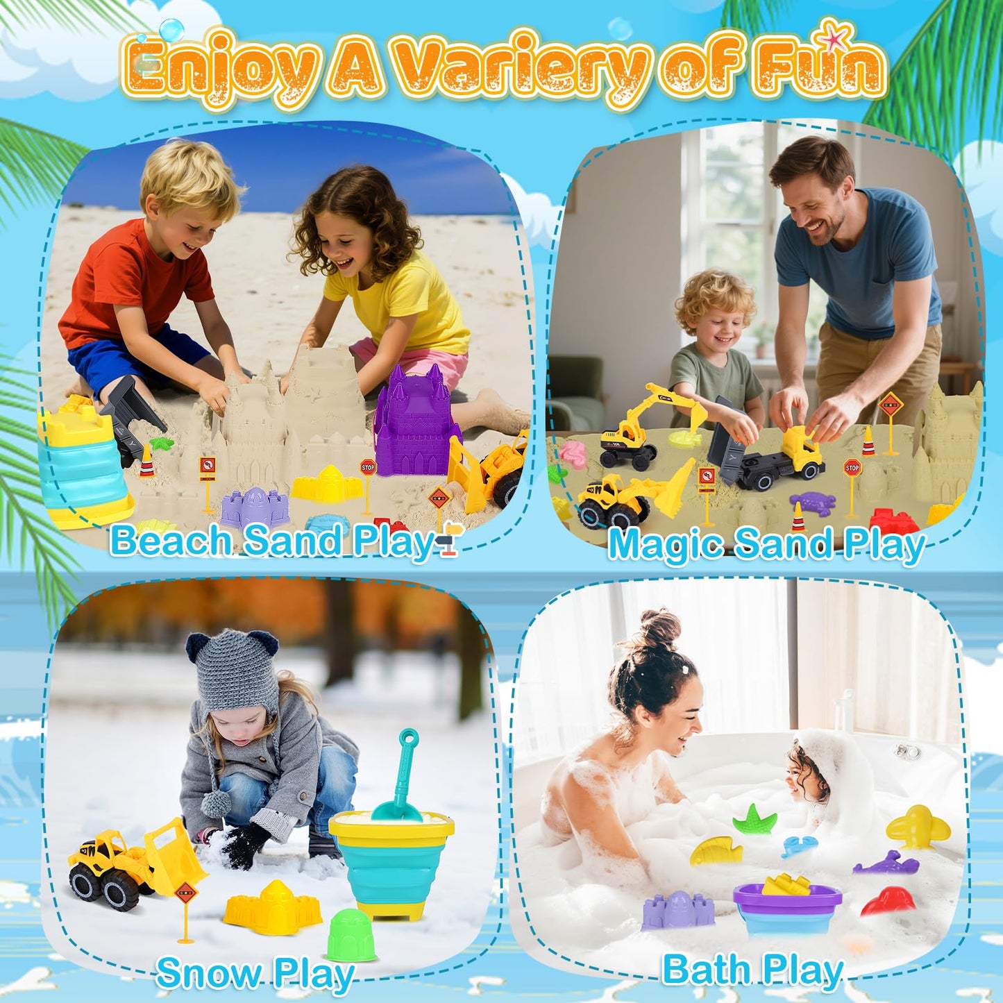 Eiranss Beach Sand Toys 31pcs Set – 3 Trucks, Buckets & Molds for Kids Aged 3-10