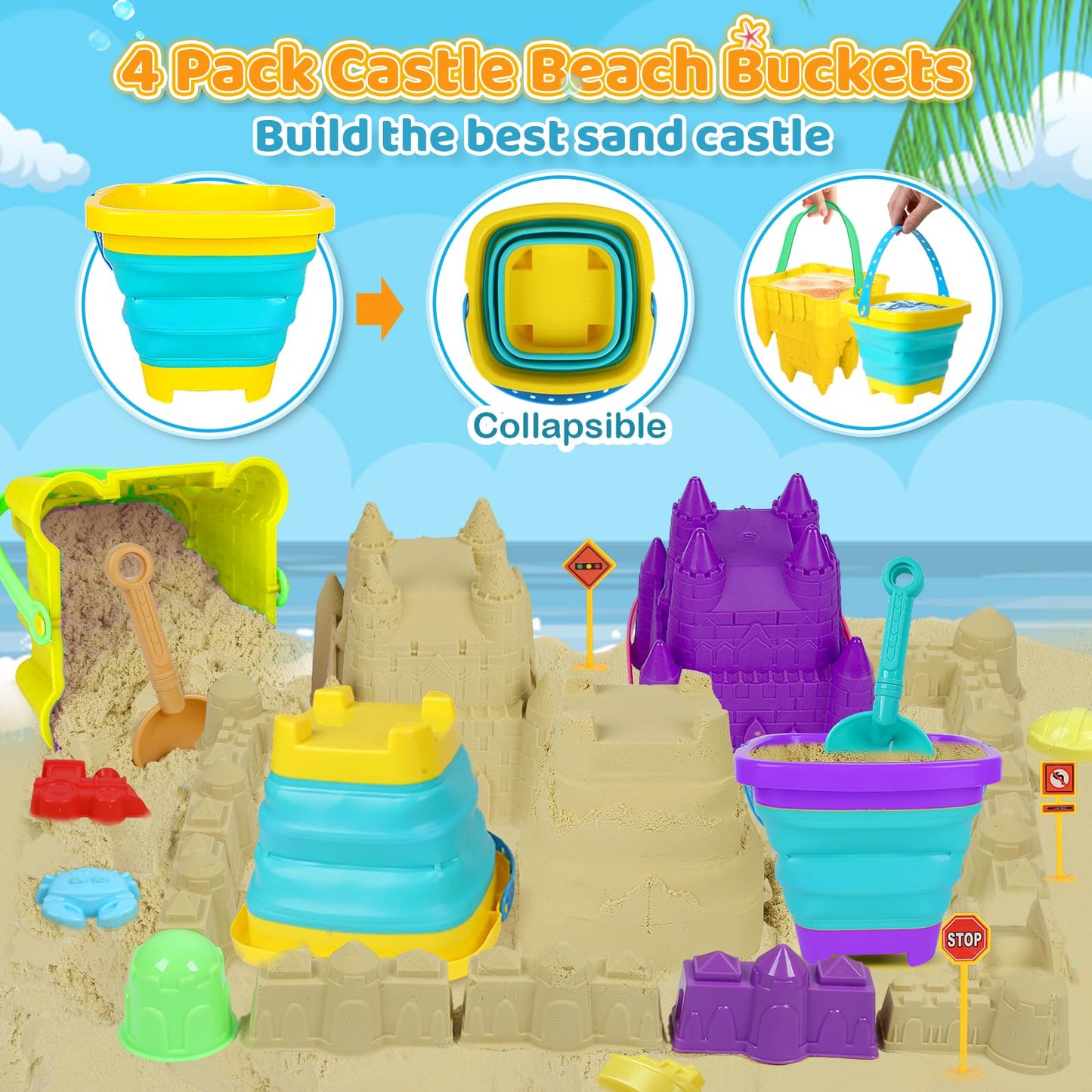 Eiranss Beach Sand Toys 31pcs Set – 3 Trucks, Buckets & Molds for Kids Aged 3-10