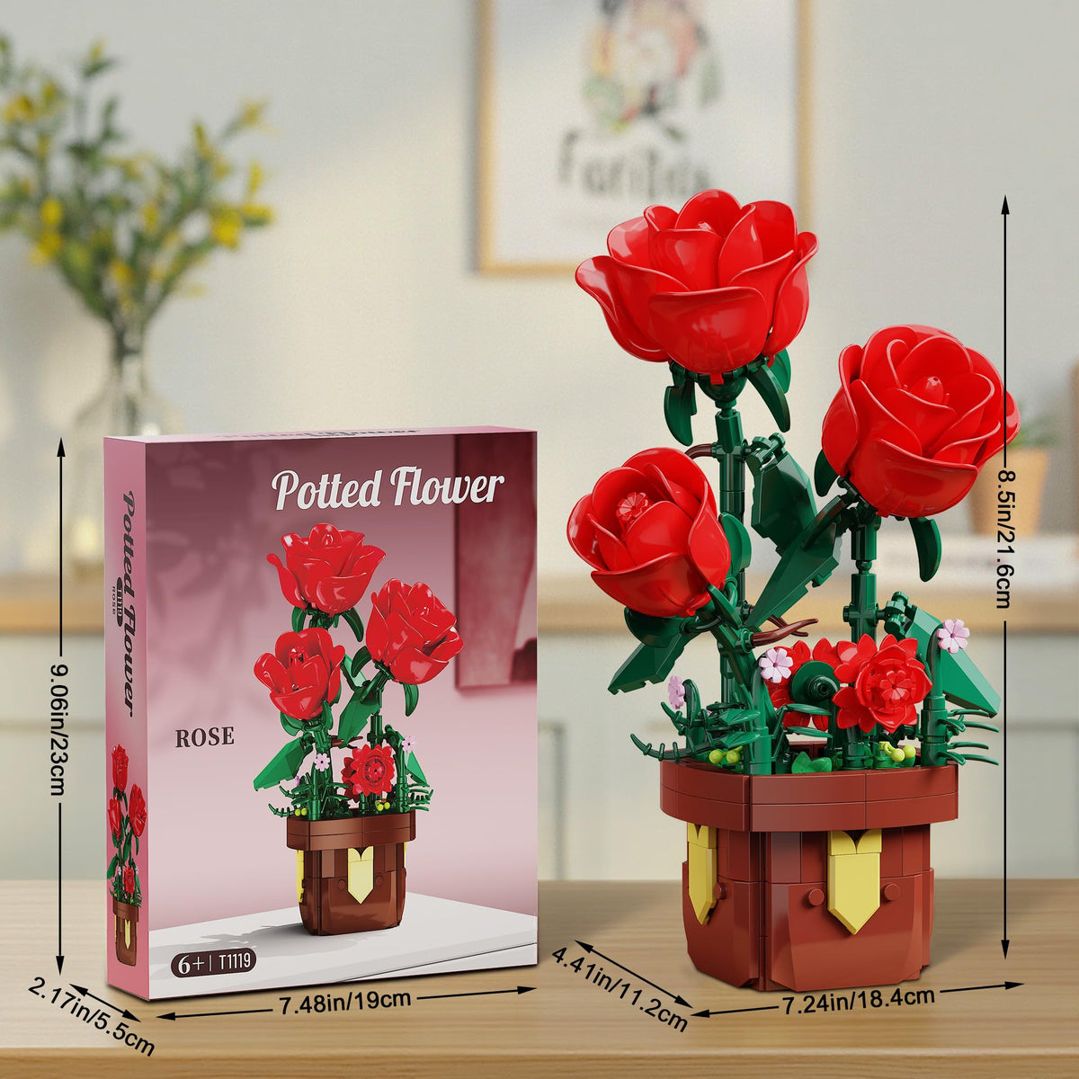 EITOLNR Roses Flowers Botanical Building Set – 307-Piece Rose Bonsai Kit for Indoor Decor