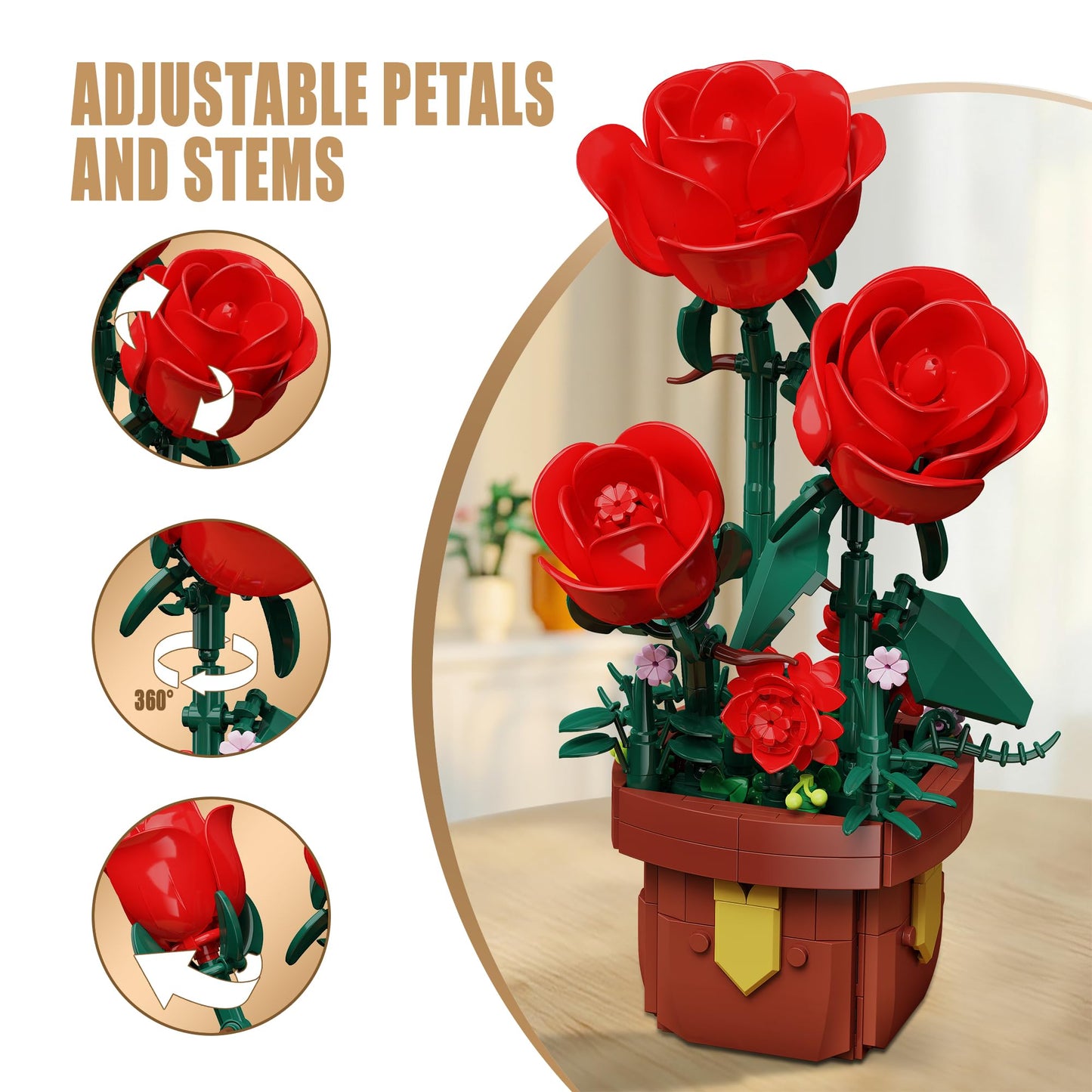 EITOLNR Roses Flowers Botanical Building Set – 307-Piece Rose Bonsai Kit for Indoor Decor