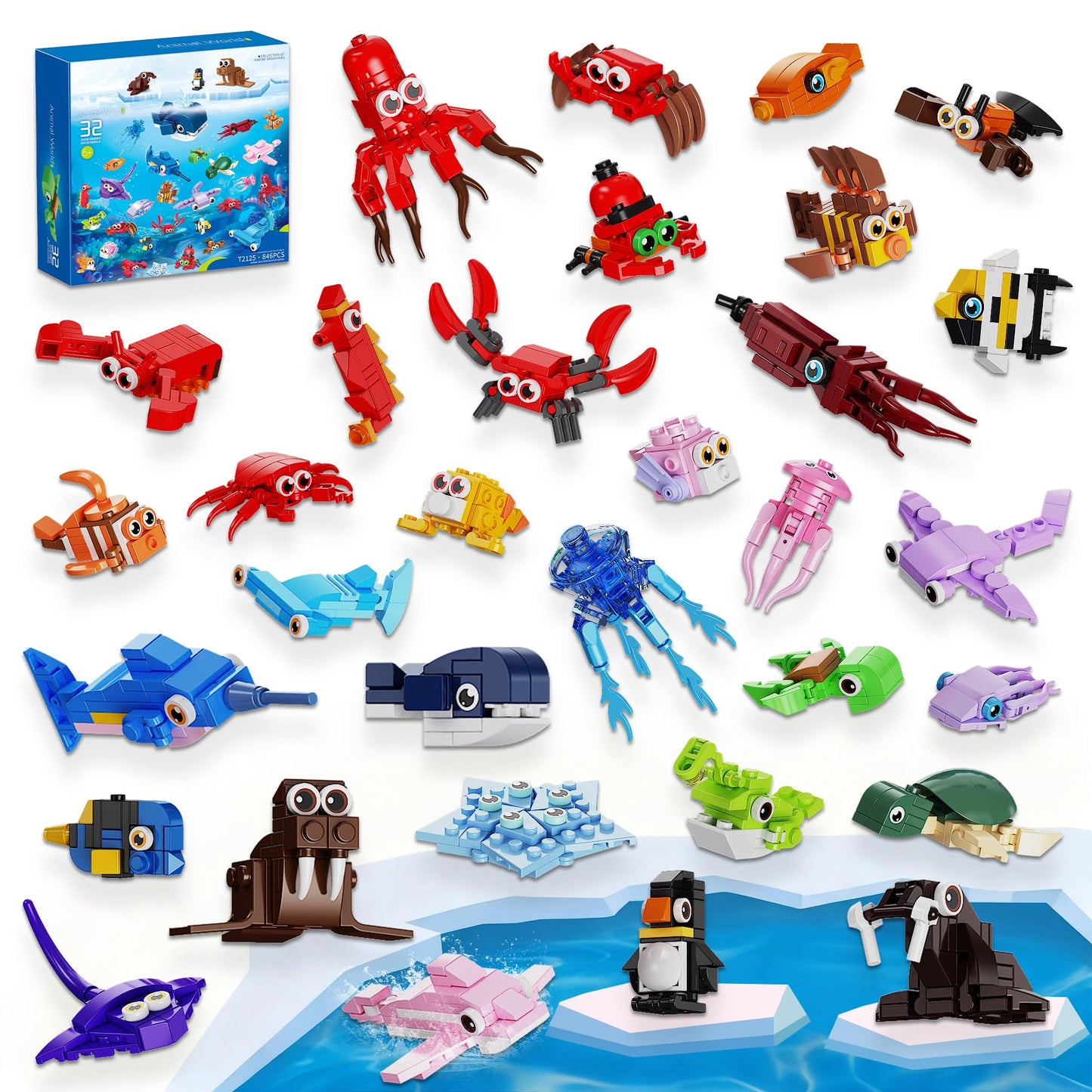 EITOLNR 32 Pack Marine Animals Building Blocks - 846 PCS Educational Toy for Kids 6-12