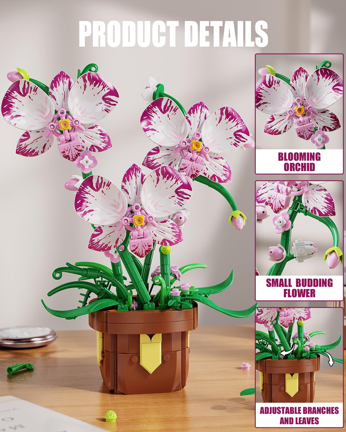 EITOLNR Flowers Botanicals Orchid Building Set – 323-Piece Artificial Orchid Bonsai Blocks