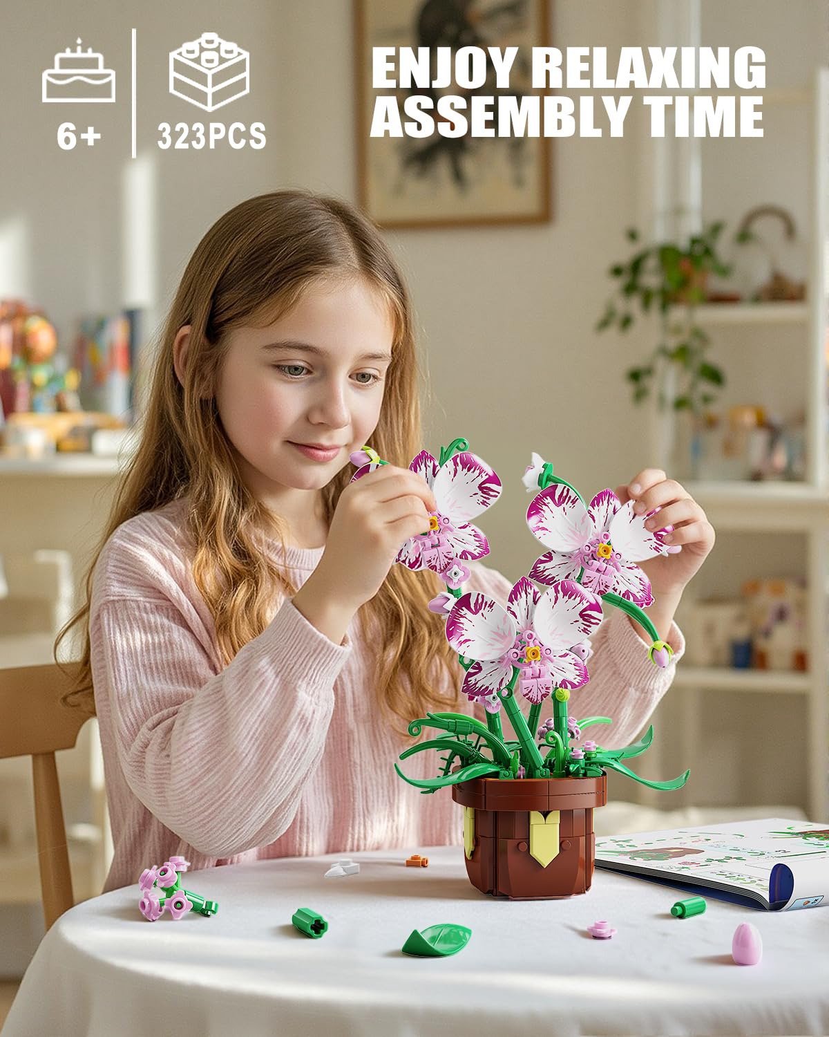 EITOLNR Flowers Botanicals Orchid Building Set – 323-Piece Artificial Orchid Bonsai Blocks