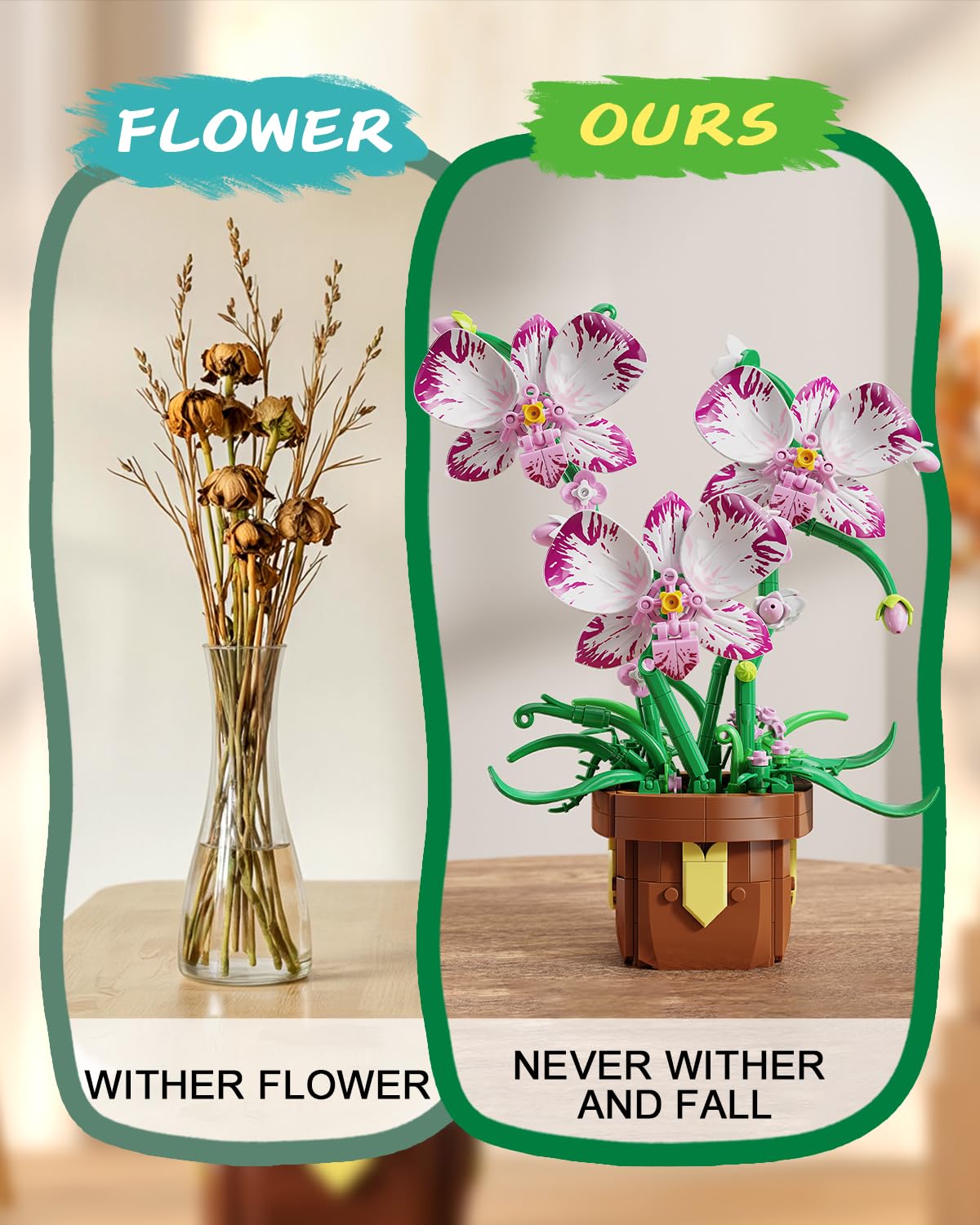 EITOLNR Flowers Botanicals Orchid Building Set – 323-Piece Artificial Orchid Bonsai Blocks