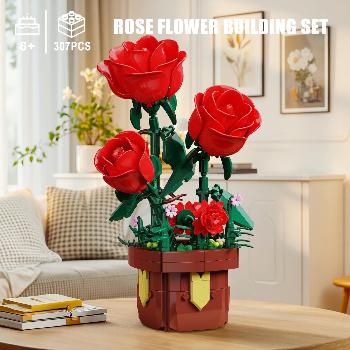 EITOLNR Roses Flowers Botanical Building Set – 307-Piece Rose Bonsai Kit for Indoor Decor