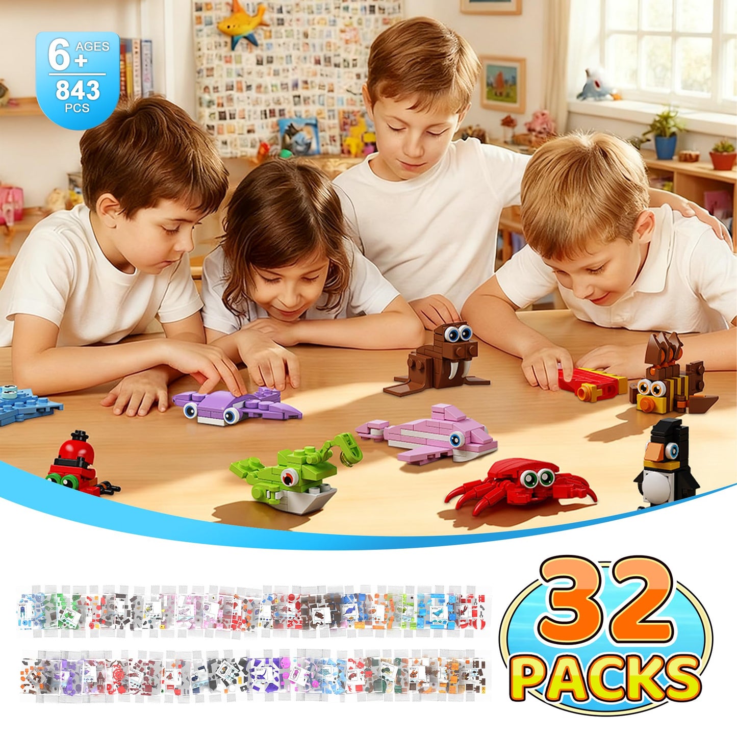 EITOLNR 32 Pack Marine Animals Building Blocks - 846 PCS Educational Toy for Kids 6-12
