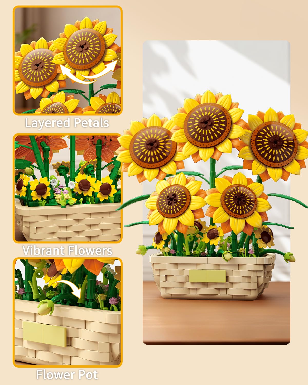 EITOLNR Sunflower Building Set with Vase Flowers – 861-Piece Botanical Collection for Home Decor & Gift (Ages 8+)