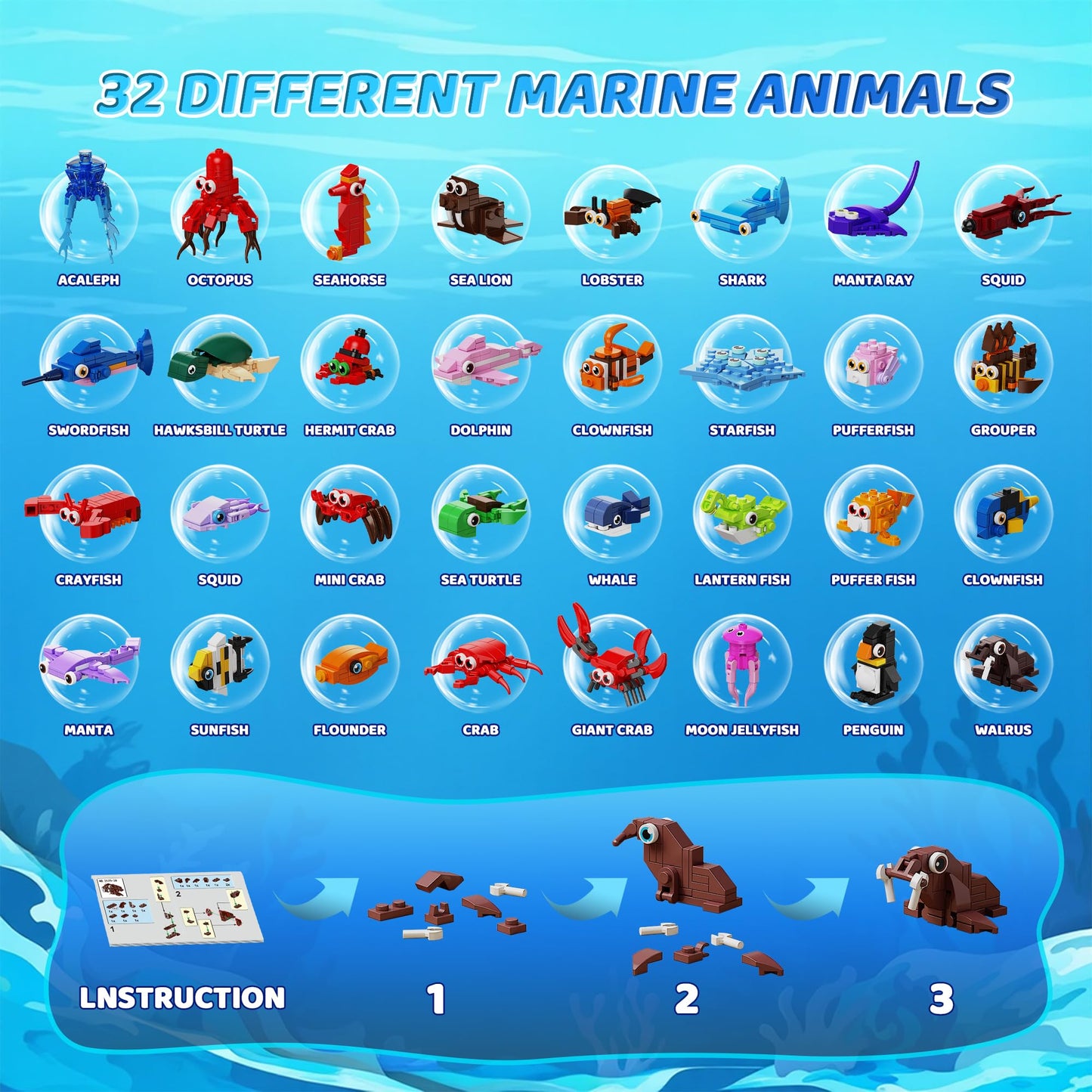 EITOLNR 32 Pack Marine Animals Building Blocks - 846 PCS Educational Toy for Kids 6-12