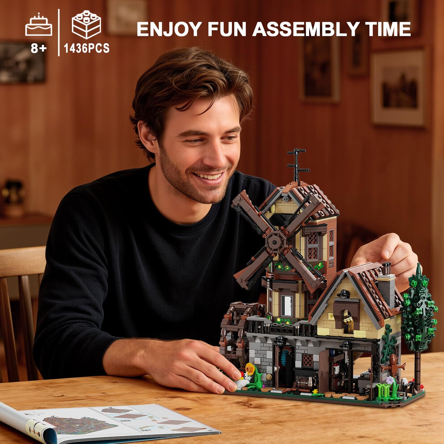 EITOLNR Wood Cabin Building Set with Light | Windmill & Waterwheel Mechanical Farm House, 1436 Pcs