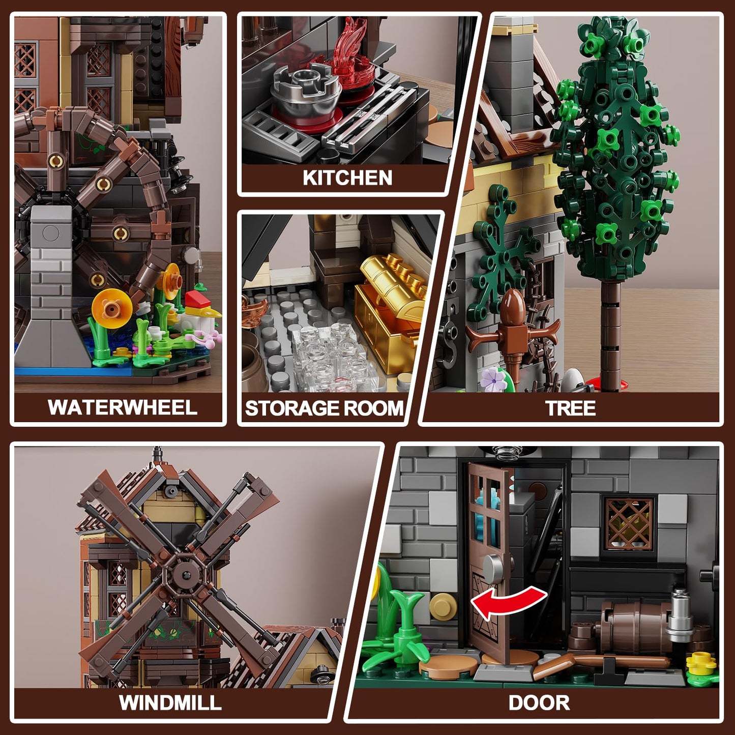 EITOLNR Wood Cabin Building Set with Light | Windmill & Waterwheel Mechanical Farm House, 1436 Pcs