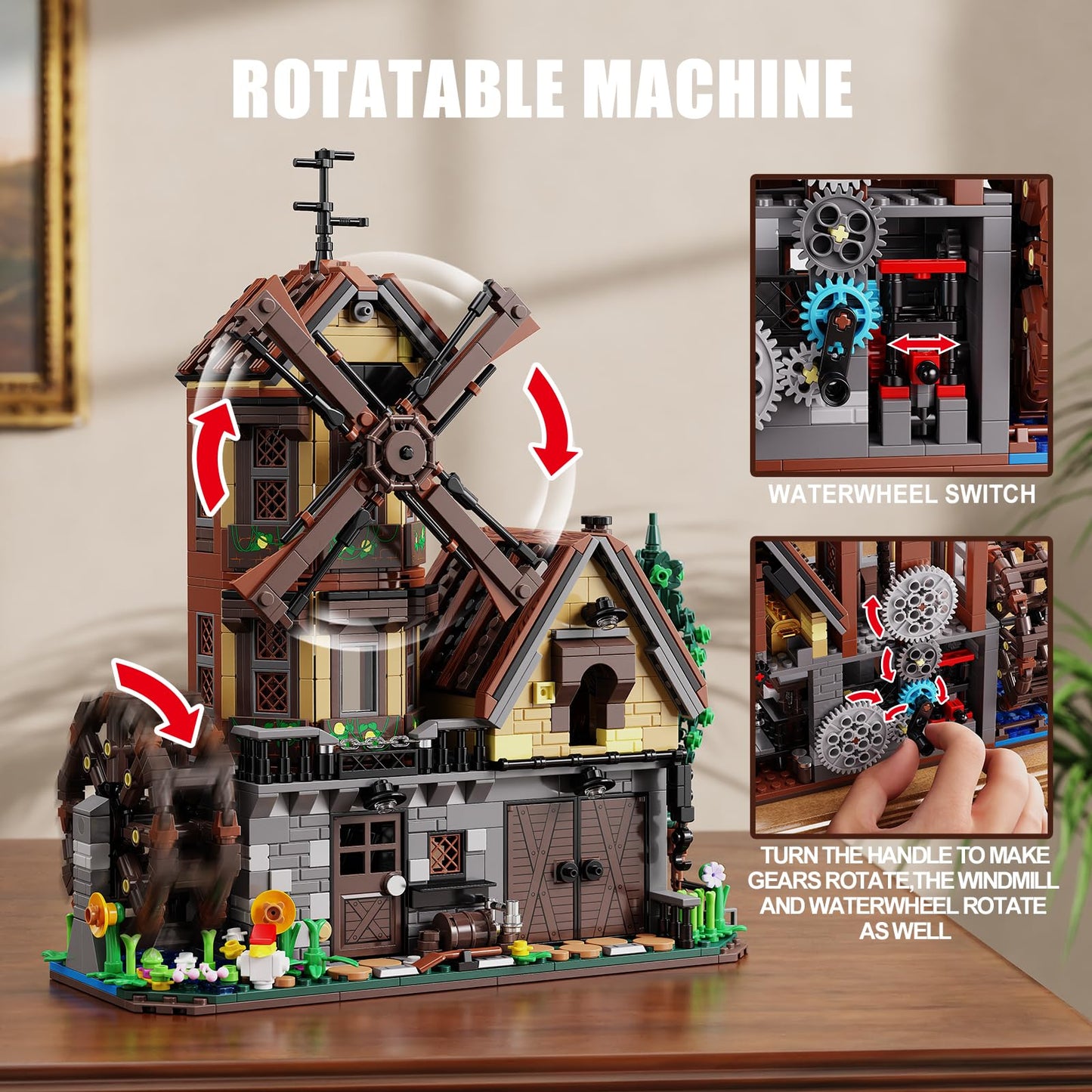 EITOLNR Wood Cabin Building Set with Light | Windmill & Waterwheel Mechanical Farm House, 1436 Pcs