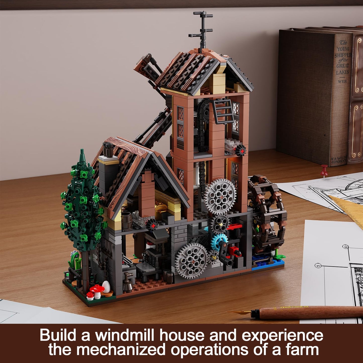 EITOLNR Wood Cabin Building Set with Light | Windmill & Waterwheel Mechanical Farm House, 1436 Pcs