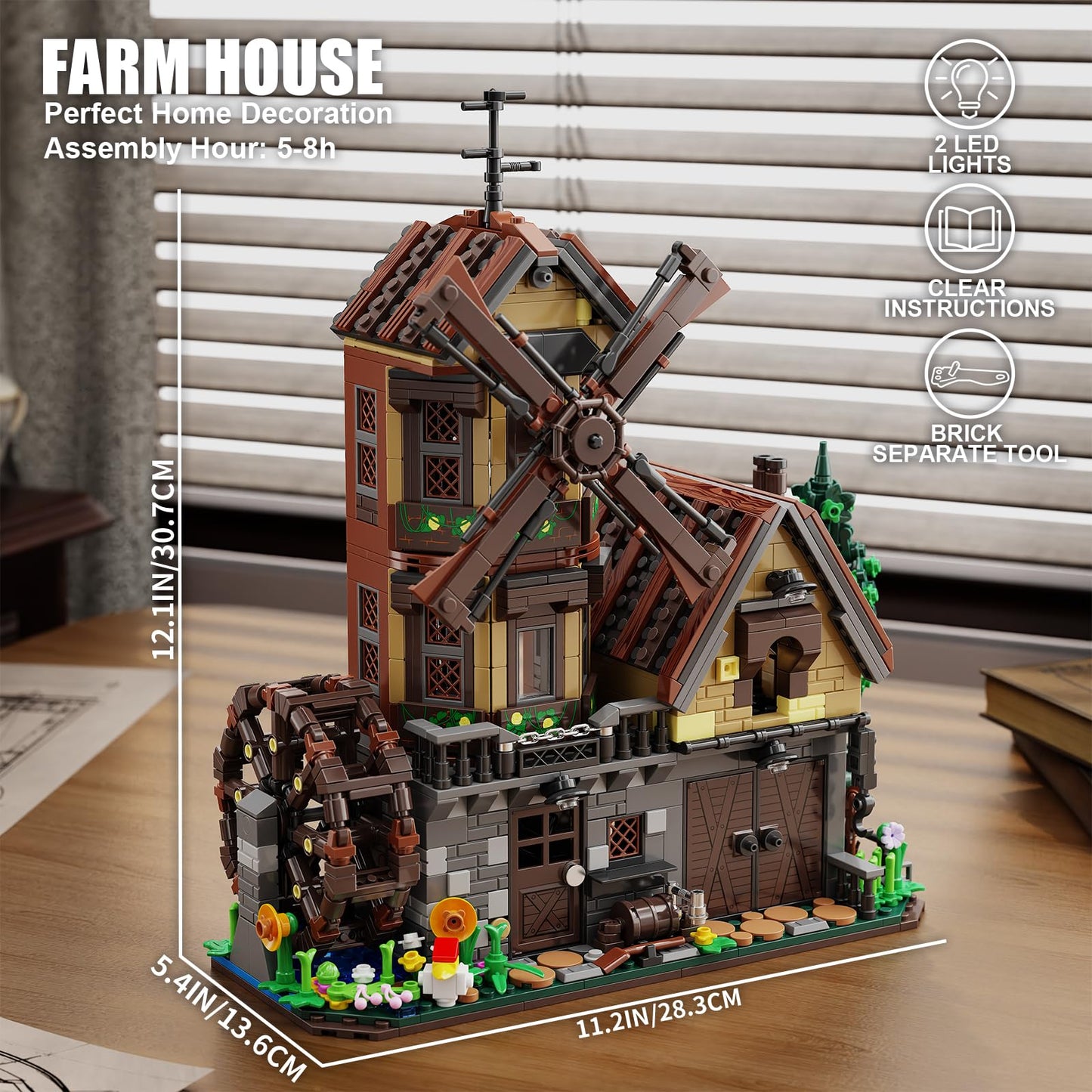 EITOLNR Wood Cabin Building Set with Light | Windmill & Waterwheel Mechanical Farm House, 1436 Pcs