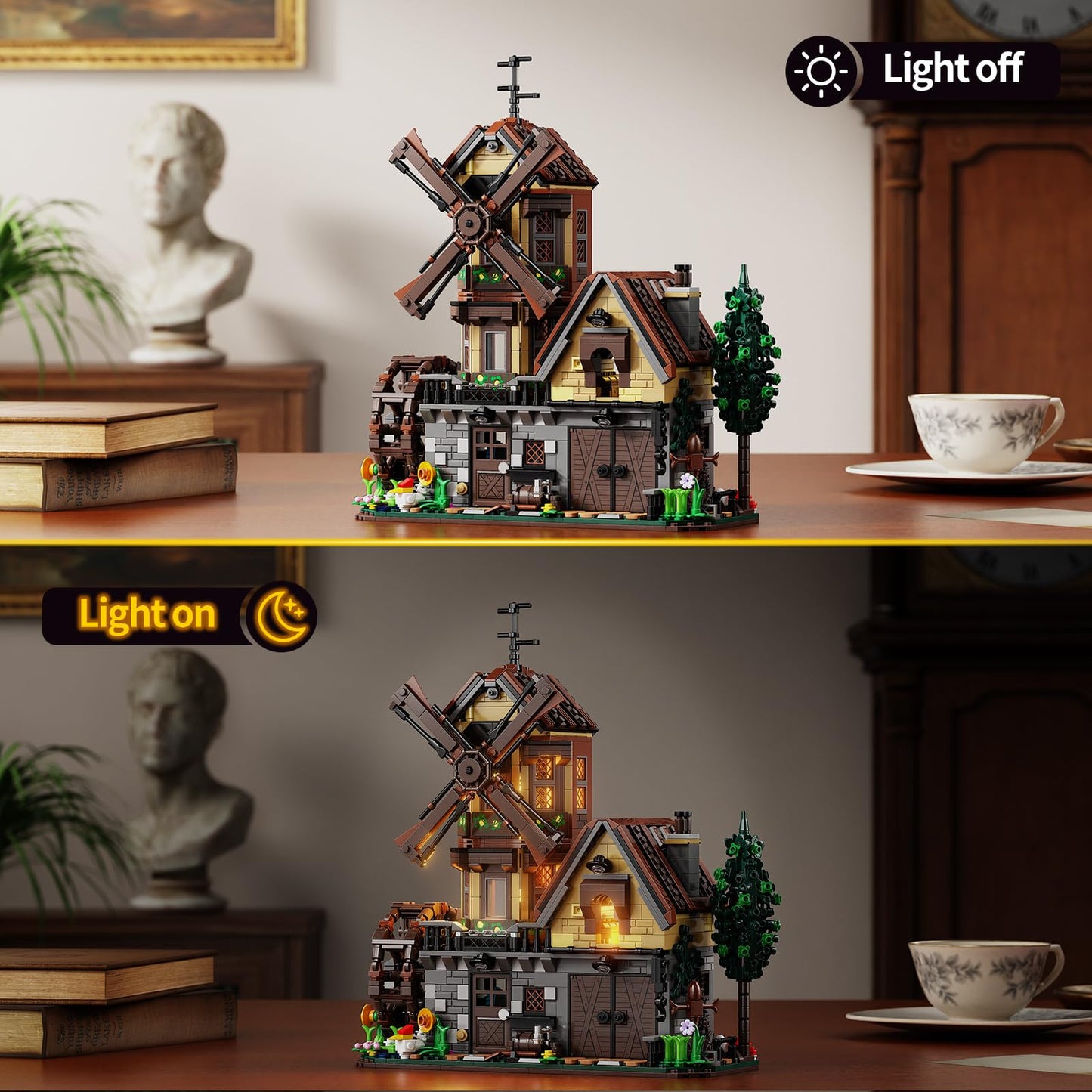 EITOLNR Wood Cabin Building Set with Light | Windmill & Waterwheel Mechanical Farm House, 1436 Pcs