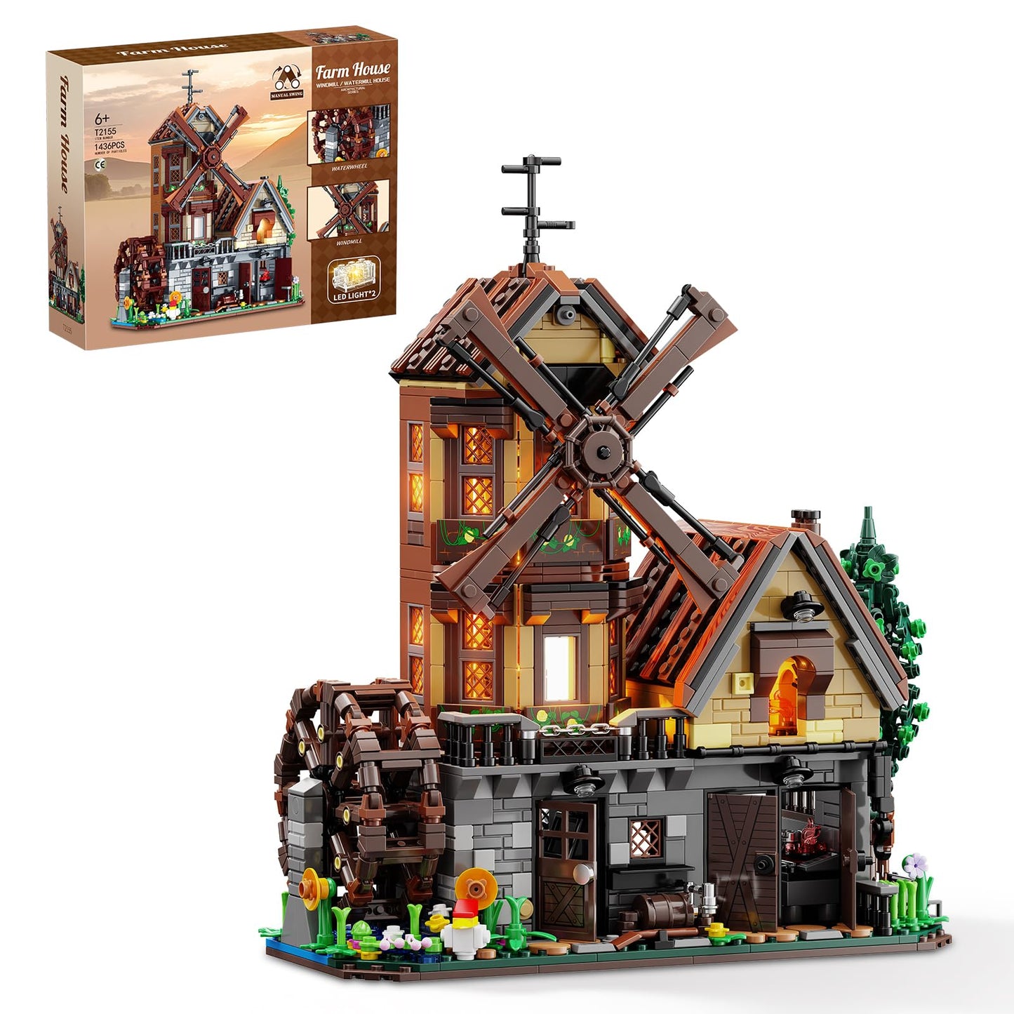 EITOLNR Wood Cabin Building Set with Light | Windmill & Waterwheel Mechanical Farm House, 1436 Pcs