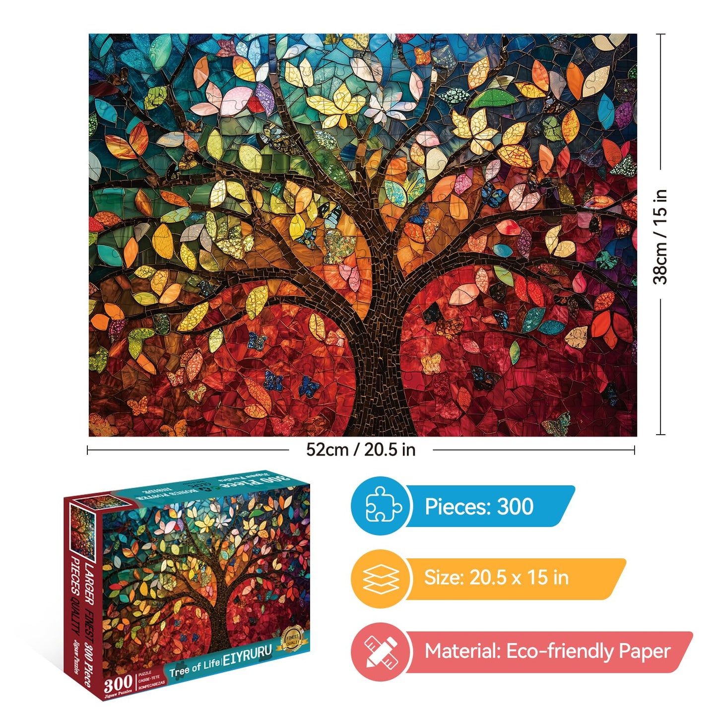 EIYRURU 300-Piece Stained Glass Puzzle – Tree of Life, Large Pieces for Adults & Seniors (20.5 x 15 in)