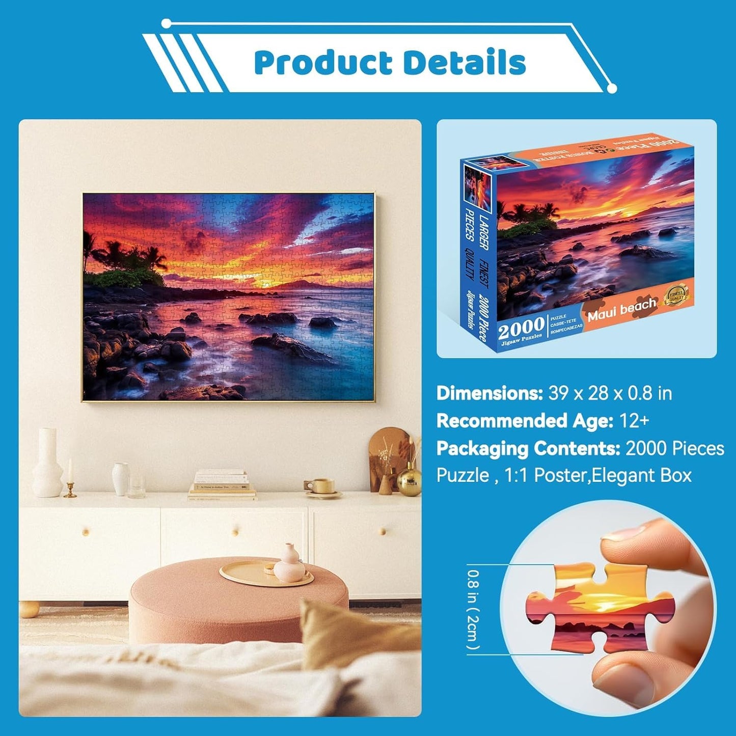 EIYRURU 2000-Piece Maui Sunset Jigsaw Puzzle – Mindful, Eco-Friendly Gift (39 x 28 in)