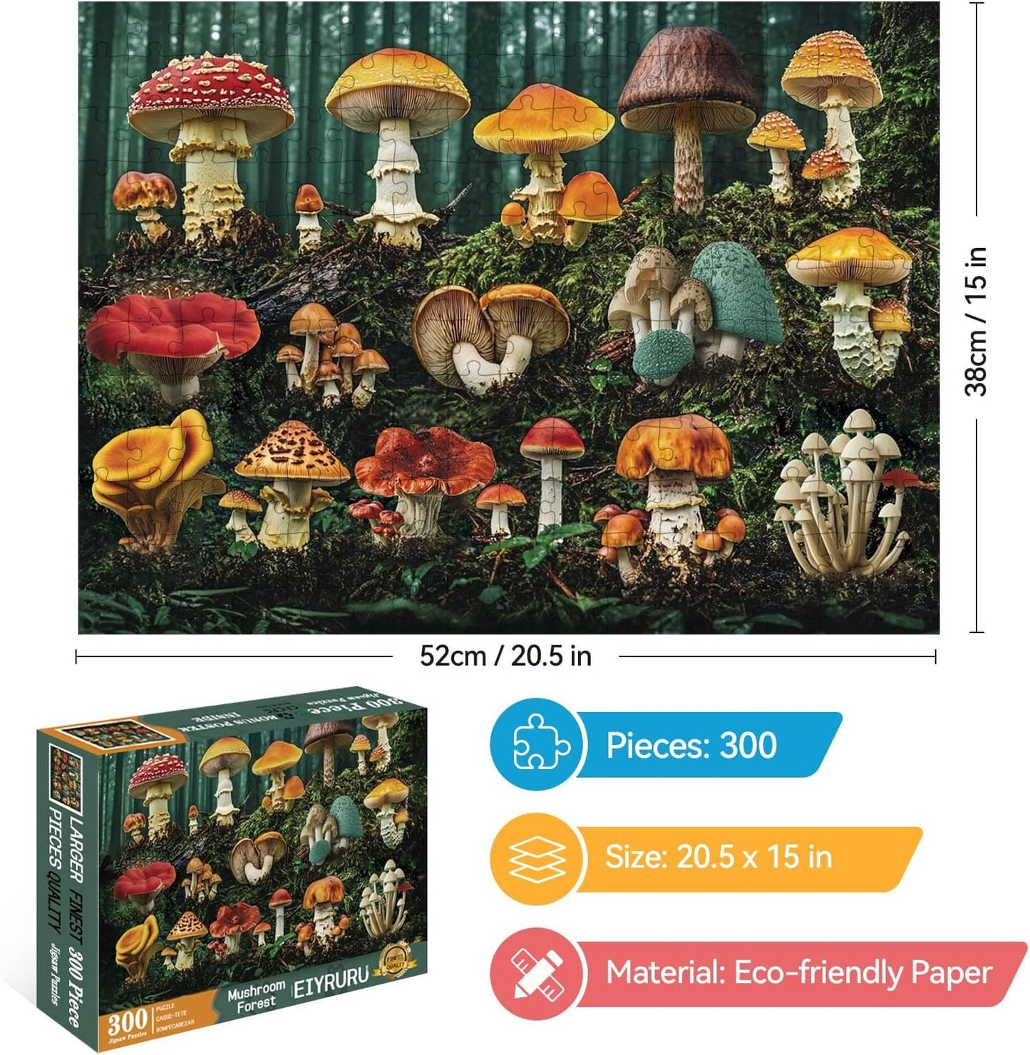 EIYRURU 300-Piece Mushroom Forest Puzzle – Large Pieces, Colorful Botanical Scene, Recycled Cardboard