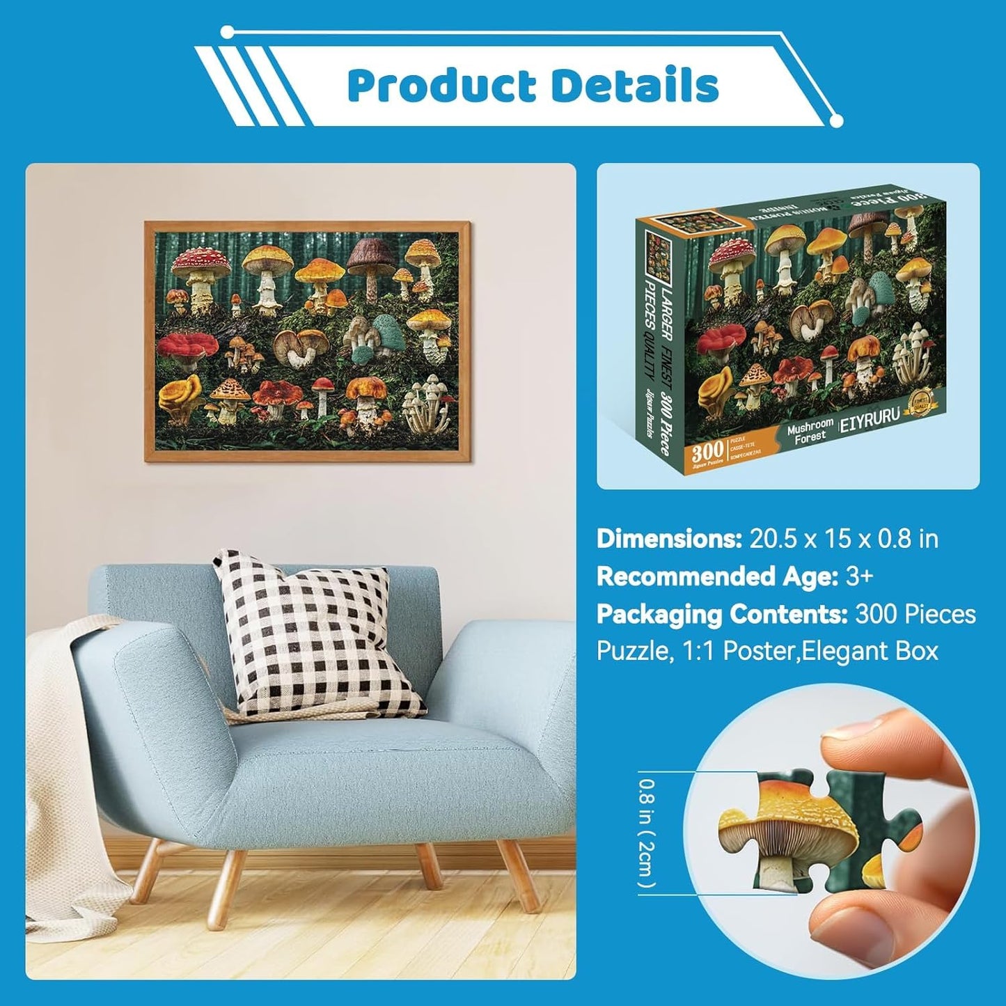 EIYRURU 300-Piece Mushroom Forest Puzzle – Large Pieces, Colorful Botanical Scene, Recycled Cardboard