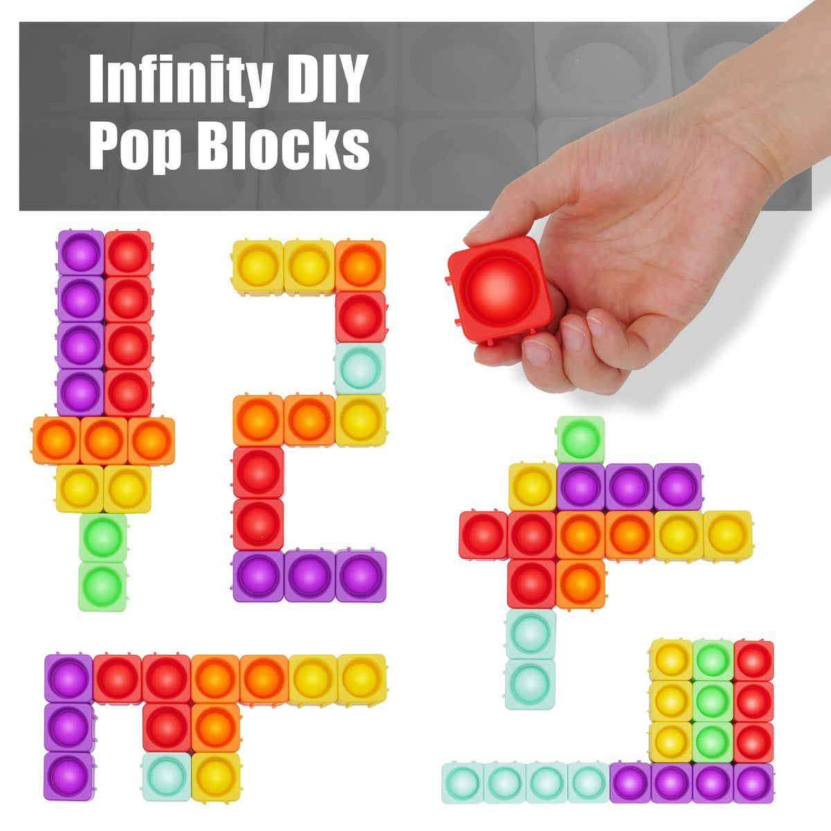 Ejanmilar Pop Blocks Fidget Toys – Rainbow Silicone Popper Blocks for DIY Building, CVC Words & Phonics, Color Recognition