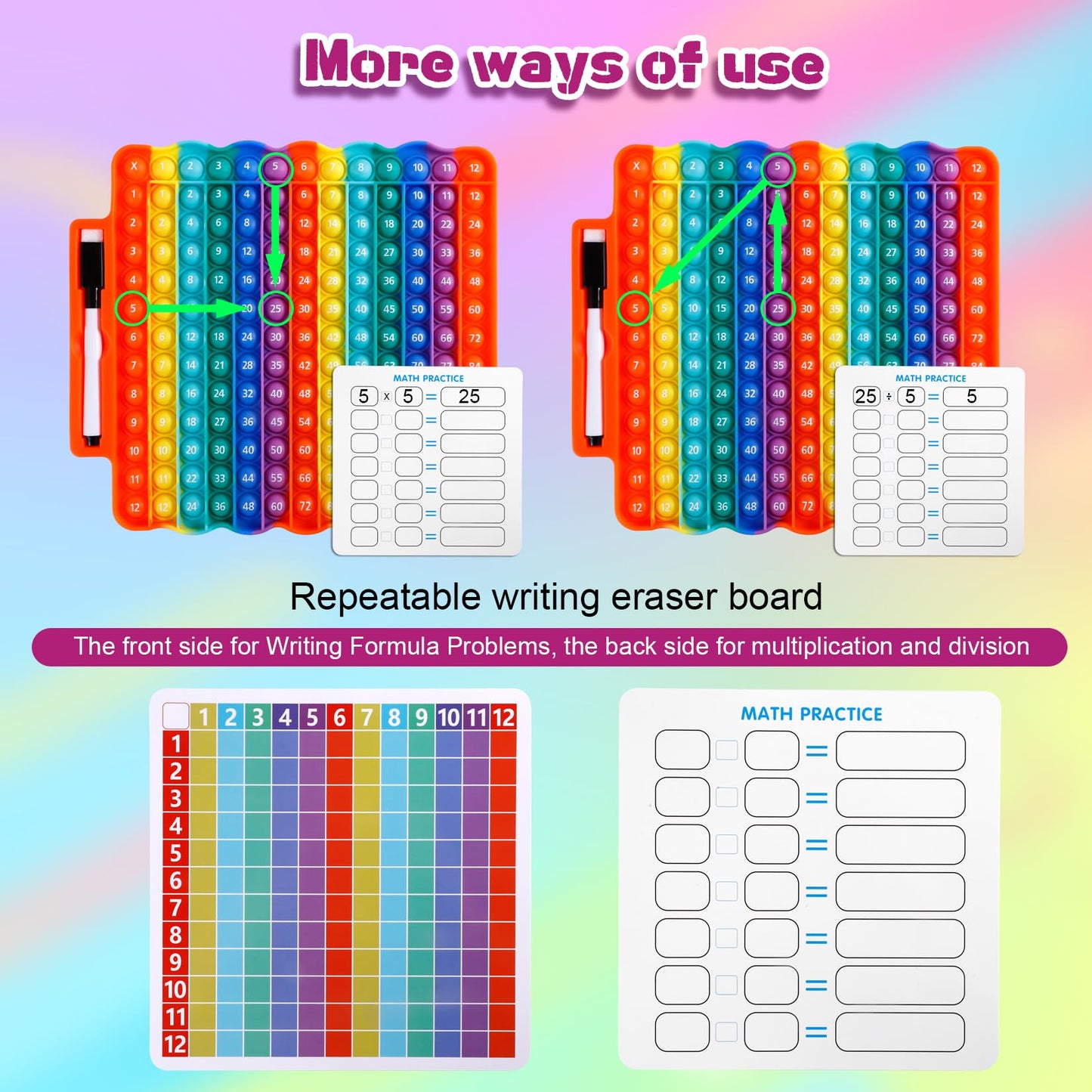 EK-Memory-fish e3 Multiplication Table Pop Fidget — Rainbow 12x12 Math Board
