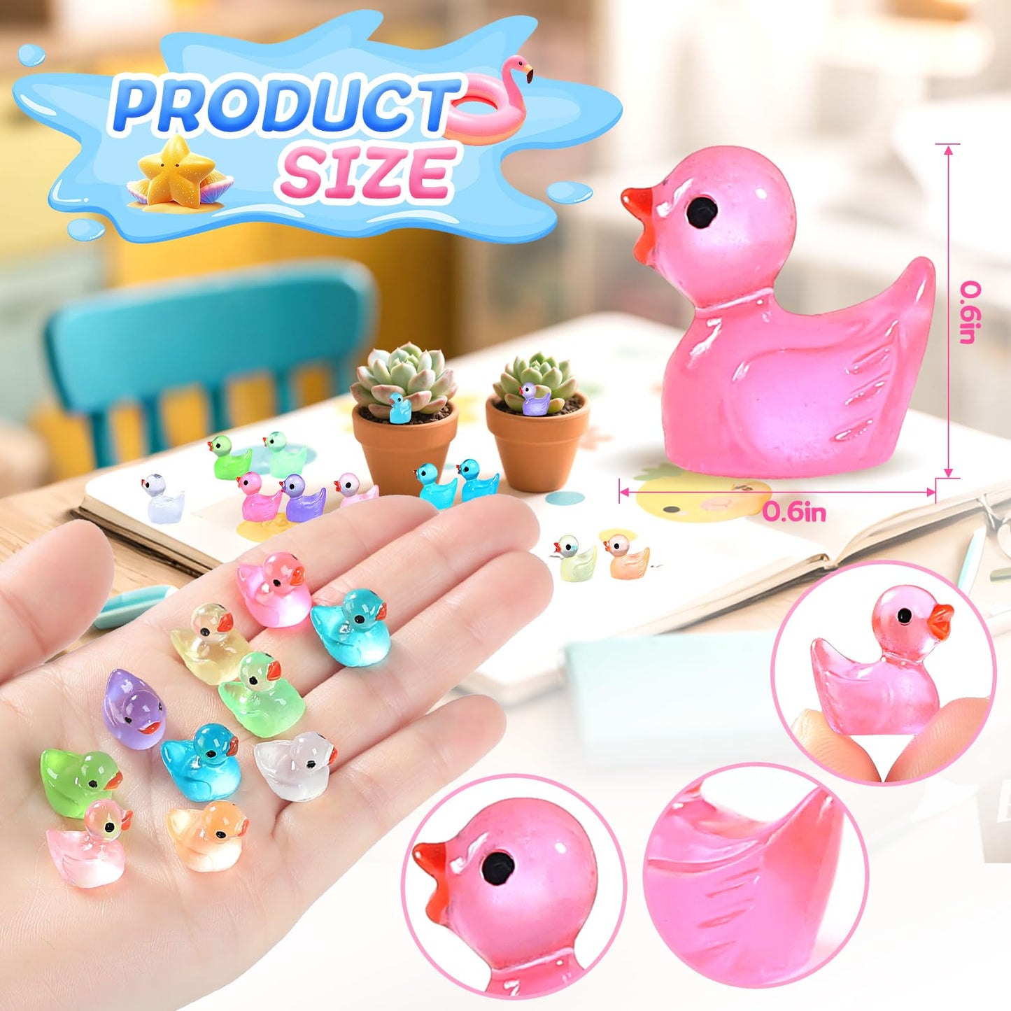 EKisemio 120pcs Luminous Mini Ducks – Glow-in-the-Dark Resin Ducks for Mini Gardens, Dollhouses & Aquariums