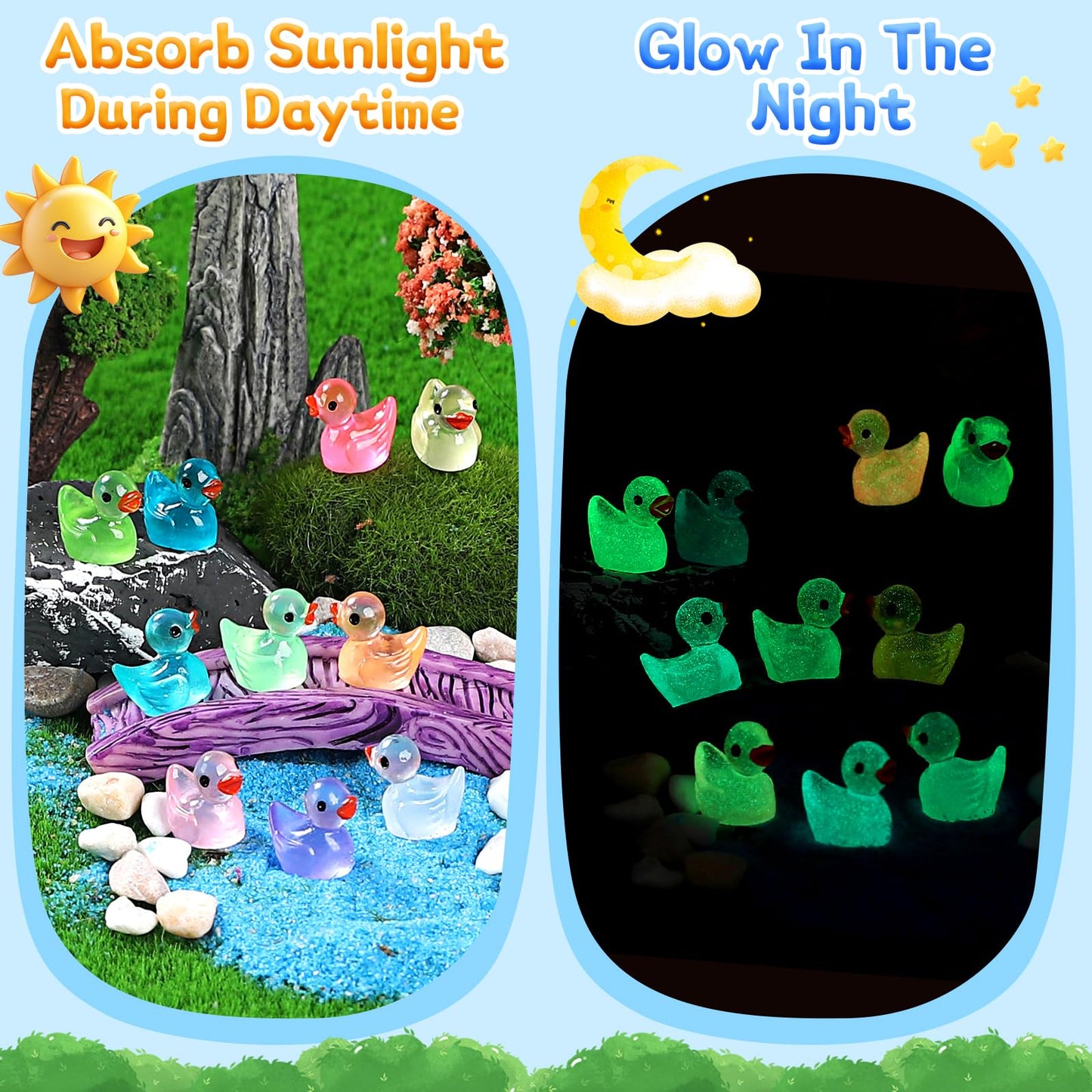 EKisemio 120pcs Luminous Mini Ducks – Glow-in-the-Dark Resin Ducks for Mini Gardens, Dollhouses & Aquariums