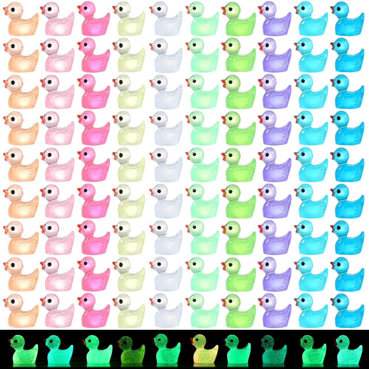 EKisemio 120pcs Luminous Mini Ducks – Glow-in-the-Dark Resin Ducks for Mini Gardens, Dollhouses & Aquariums