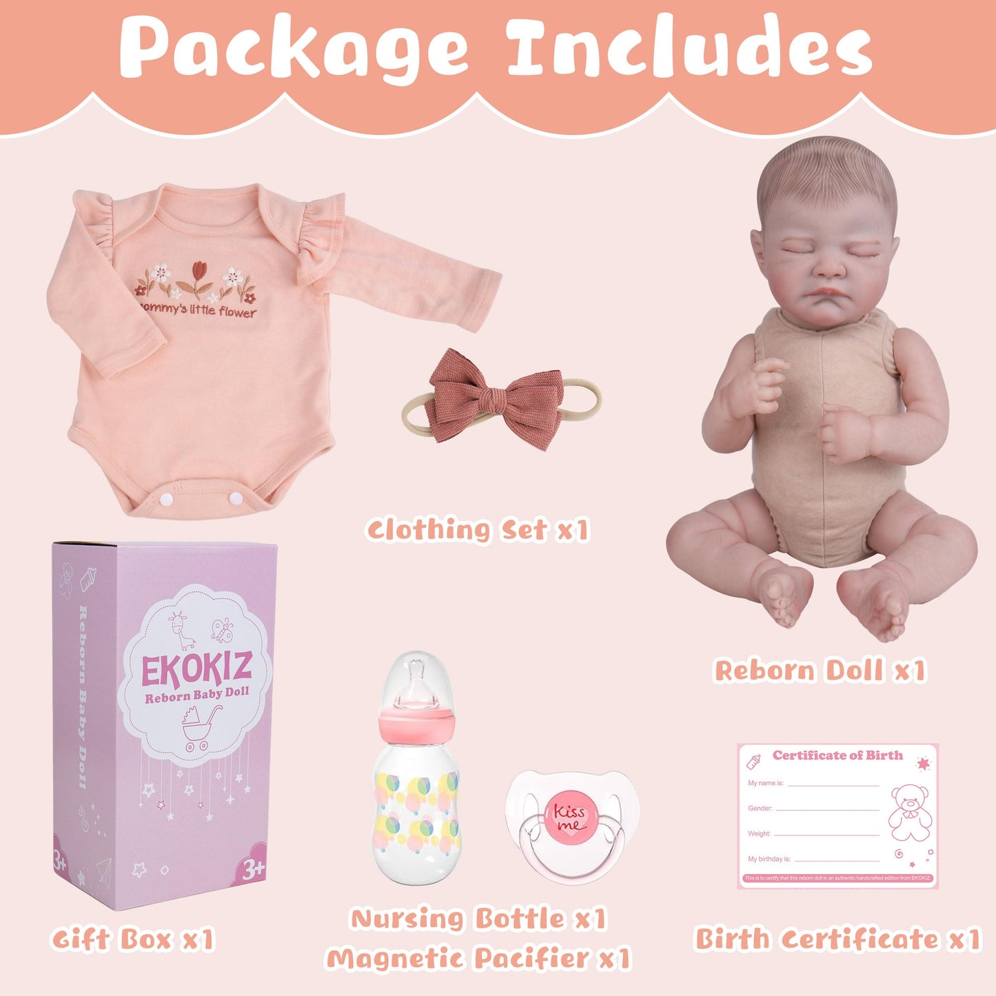 EKOKIZ Lifelike Reborn Baby Doll - 20-Inch Realistic Girl with Complete Accessories