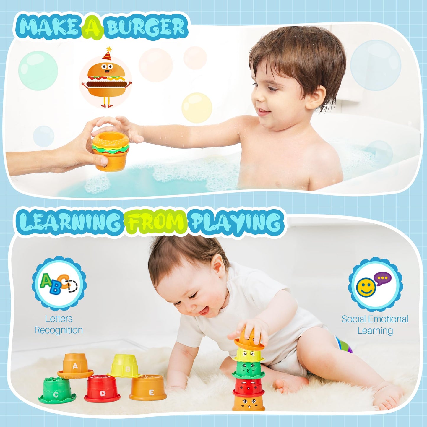 EKU EASYKU Hippo Bath Toys – 18m+ Toddler Water Play Set with Burger Cups, Duck & Crab