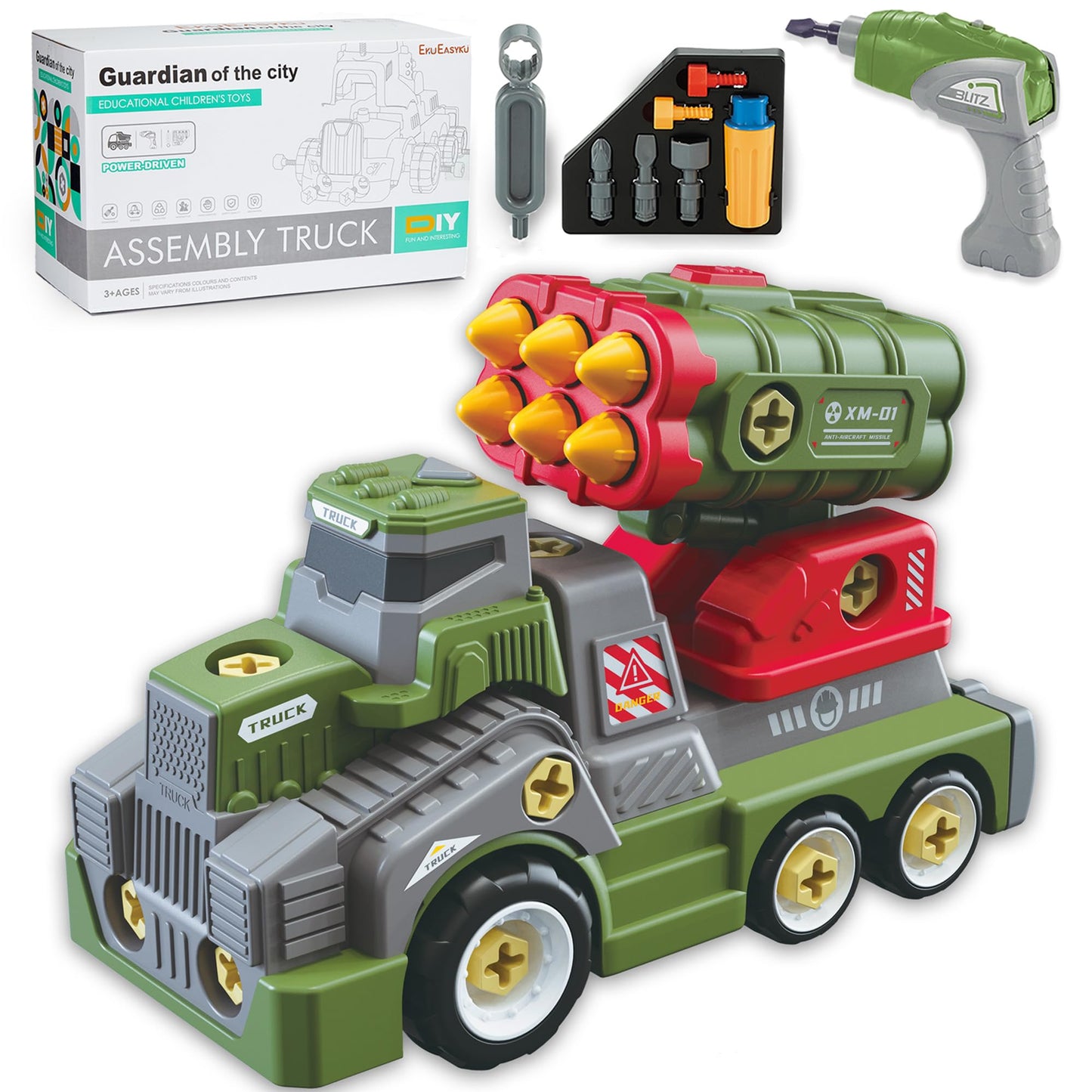 EKU EASYKU 11-Inch Take-A-Part Army Toy Truck with Drill | STEM Builder for Kids 3–9
