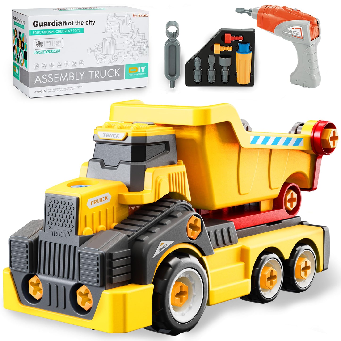 EKU EASYKU 11-Inch Take-Apart Dump Truck with Electric Drill — STEM Building Toy for Kids 3-9