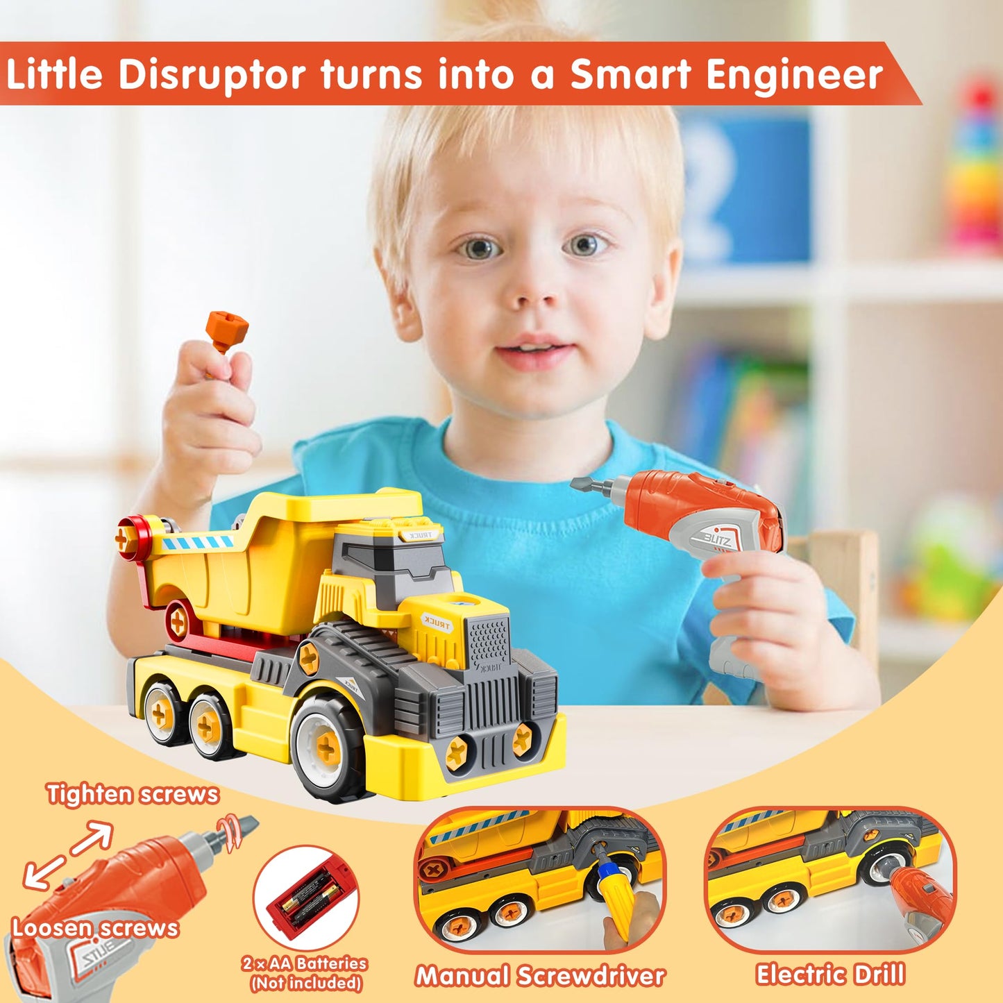 EKU EASYKU 11-Inch Take-Apart Dump Truck with Electric Drill — STEM Building Toy for Kids 3-9