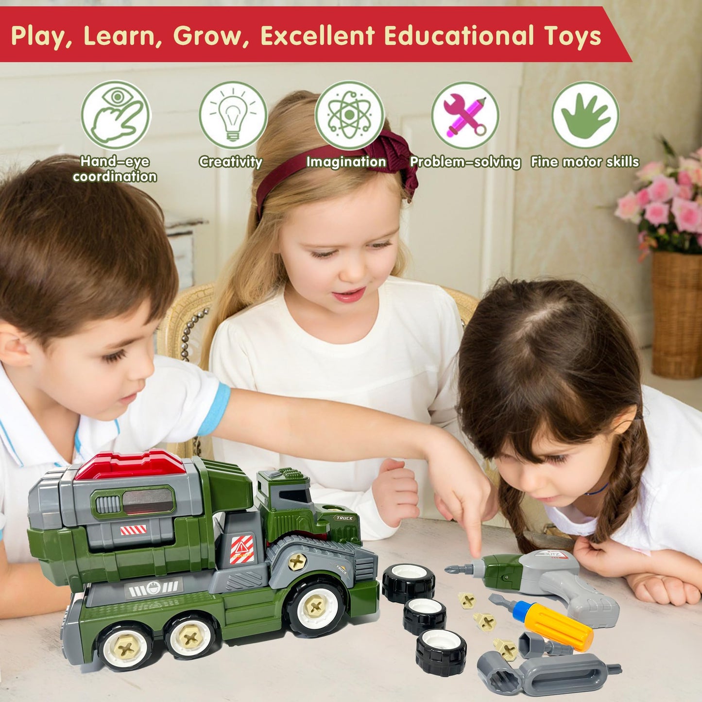 EKU EASYKU 11-Inch Large Take Apart Army Truck – STEM Assembly Toy for Kids 3-8