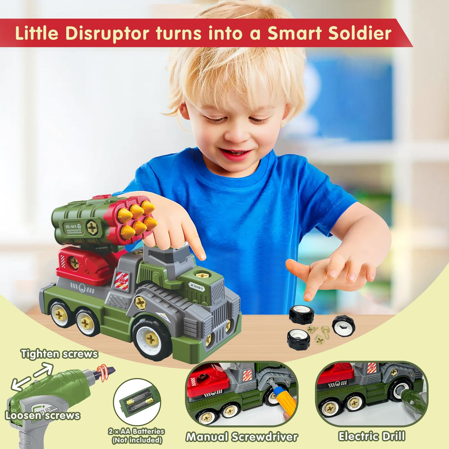EKU EASYKU 11-Inch Take-A-Part Army Toy Truck with Drill | STEM Builder for Kids 3–9