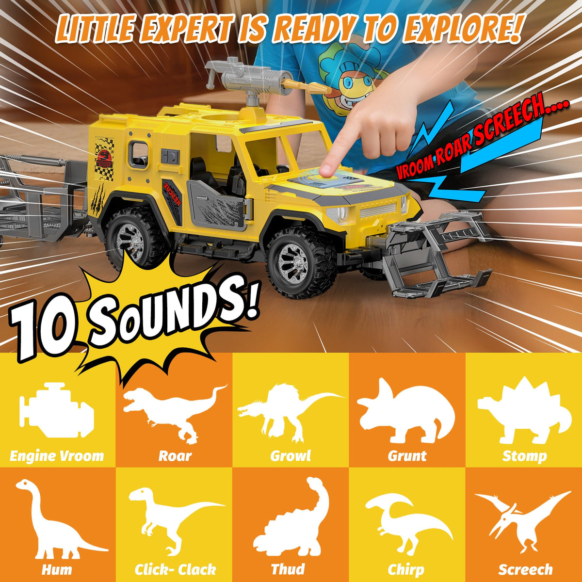 EKU EASYKU Dinosaur Rescue Vehicle Toy Set – Push & Go Truck with 10 Sound Effects