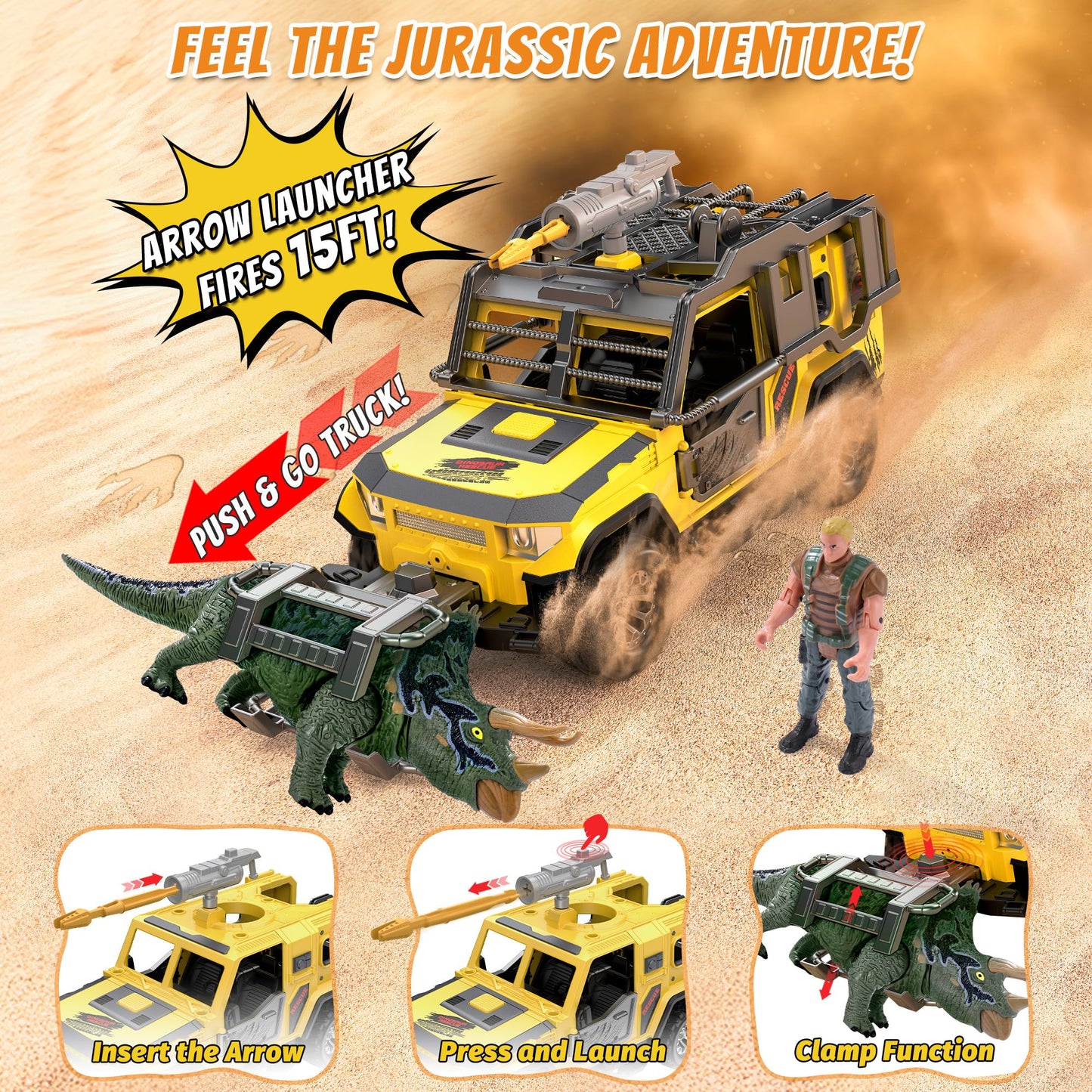 EKU EASYKU Dinosaur Rescue Vehicle Toy Set – Push & Go Truck with 10 Sound Effects