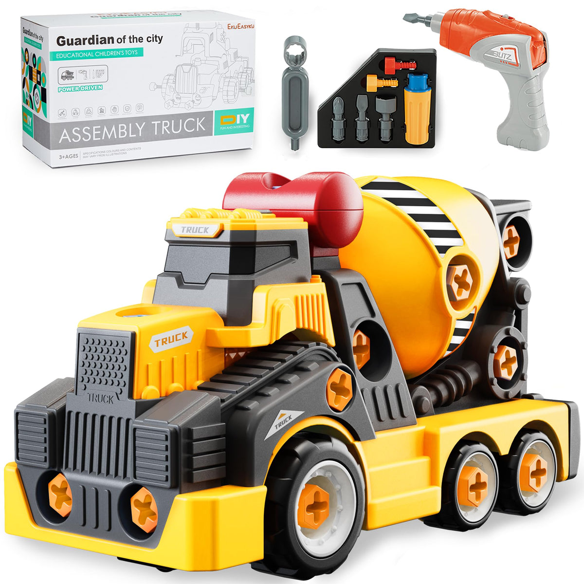 EKU EASYKU 11in Cement Mixer Take-Apart Toy with Electric Drill – STEM Building Kit for Kids 3–8